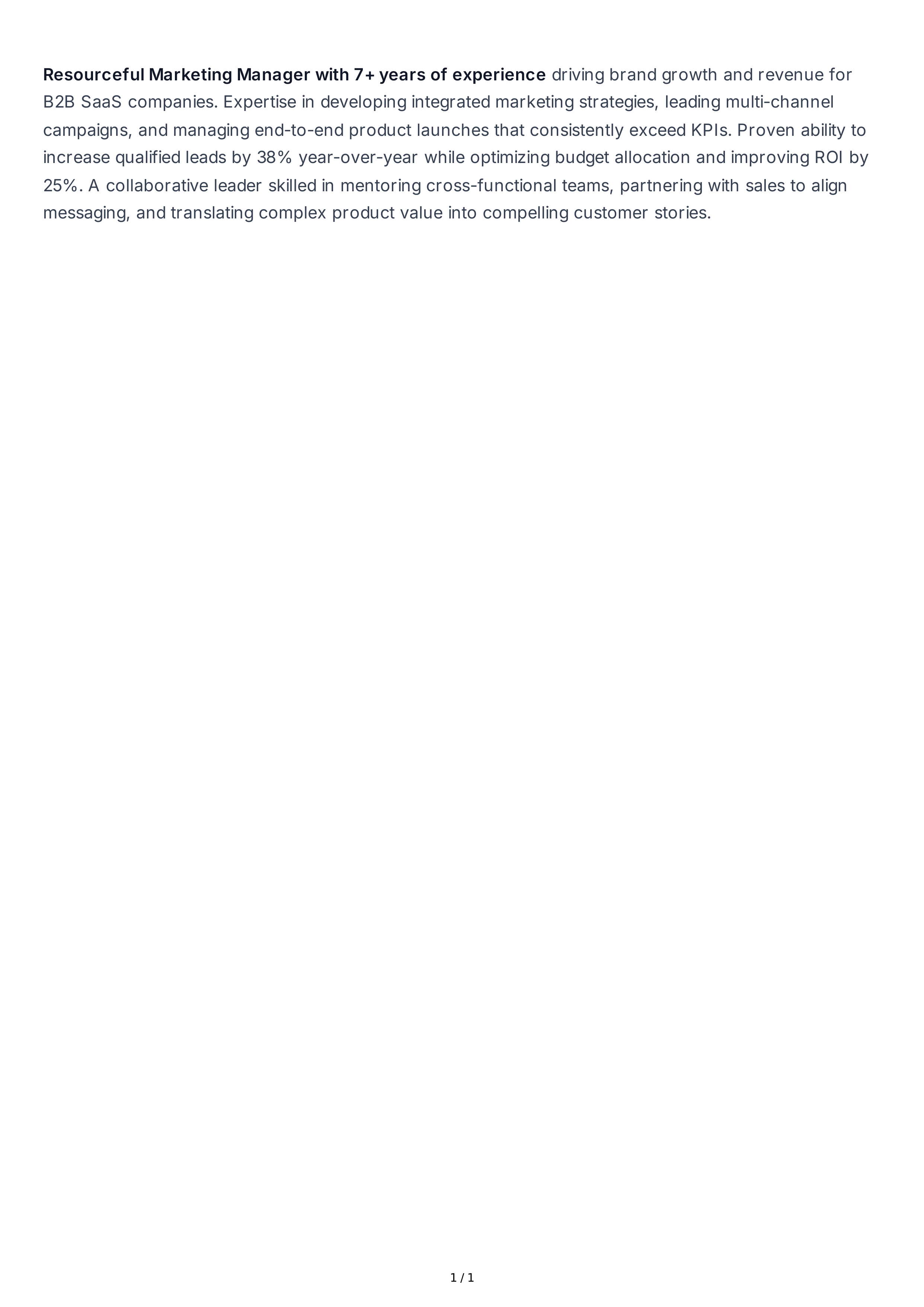 Marketing Manager Resume Summary — page 1
