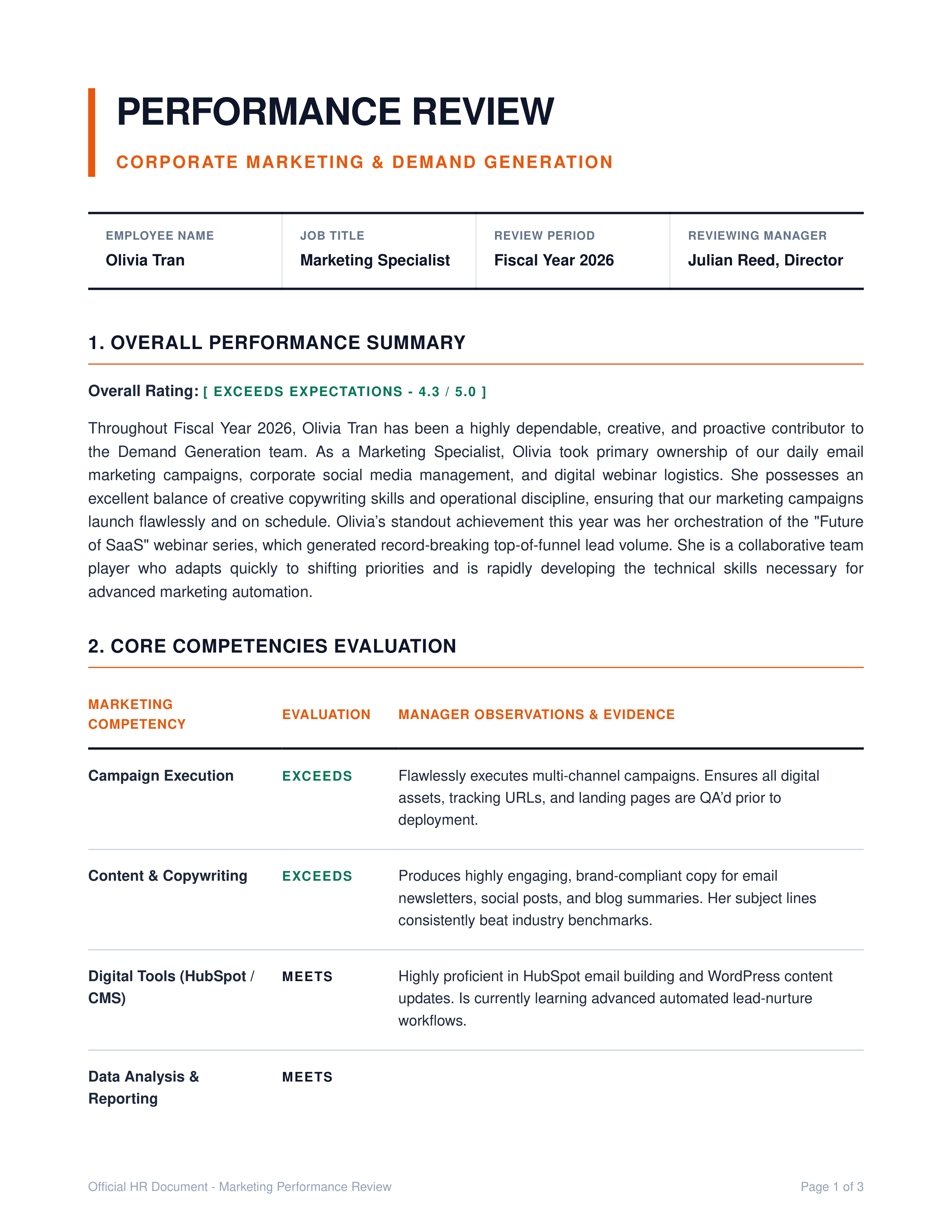 Marketing Specialist Performance Review — page 1