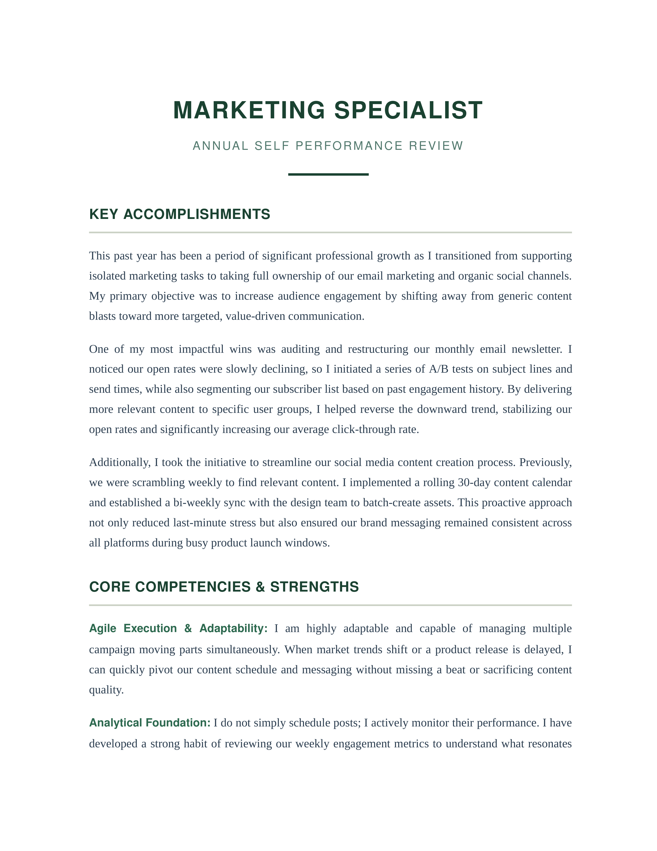 Marketing Specialist Self Performance Review — page 1