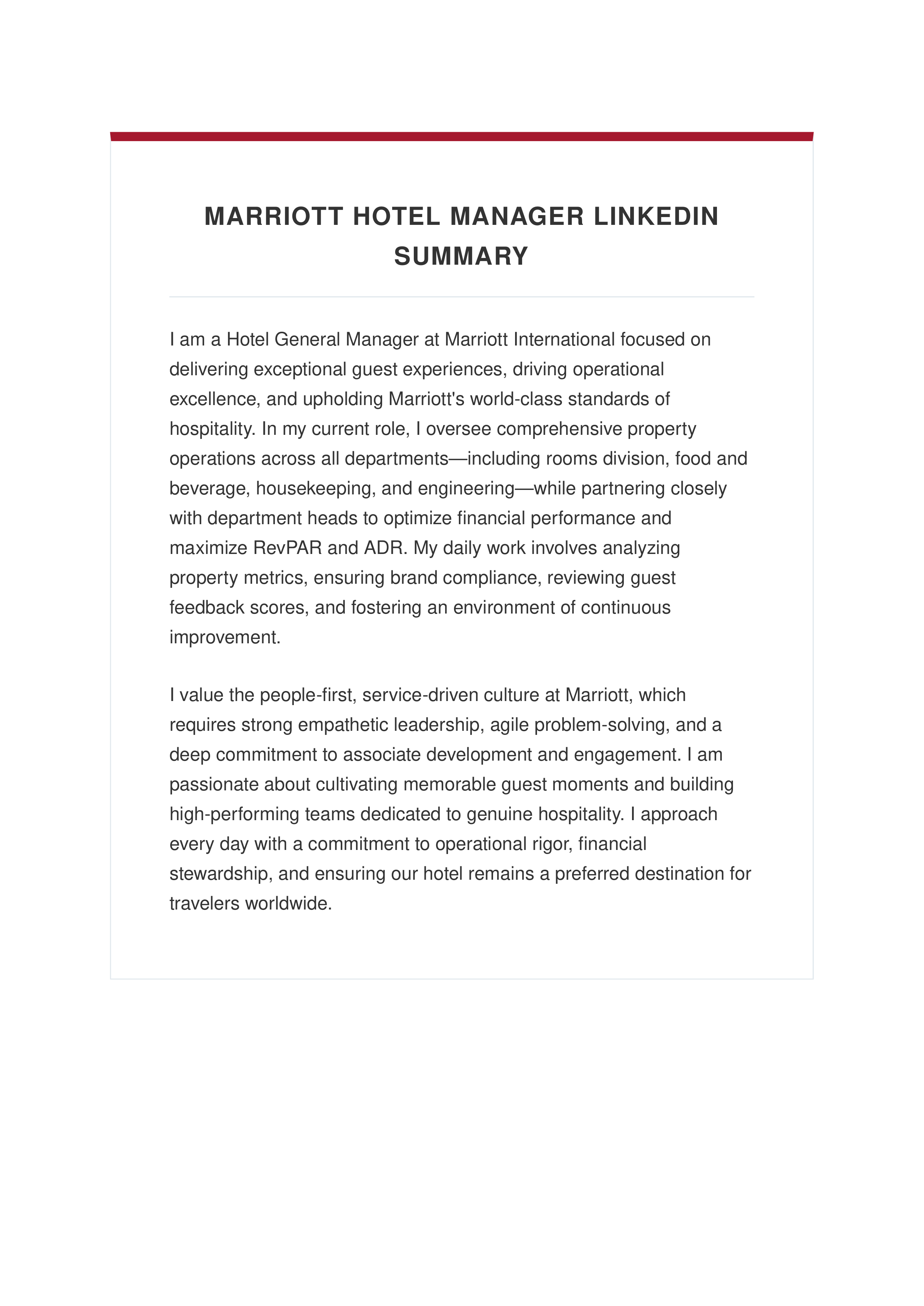 Marriott Hotel Manager LinkedIn Summary — page 1
