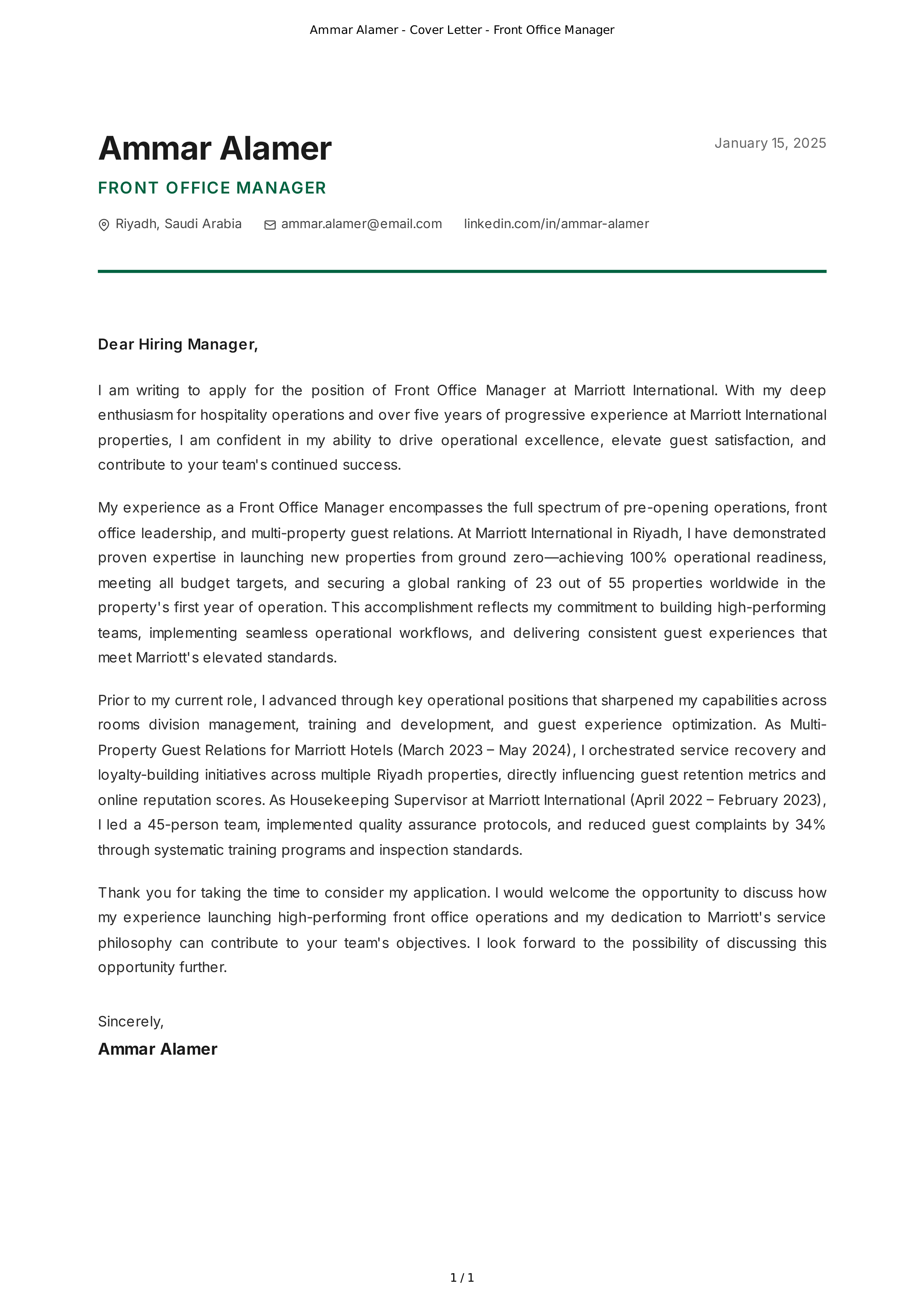 Marriott International Front Office Manager Cover Letter — page 1