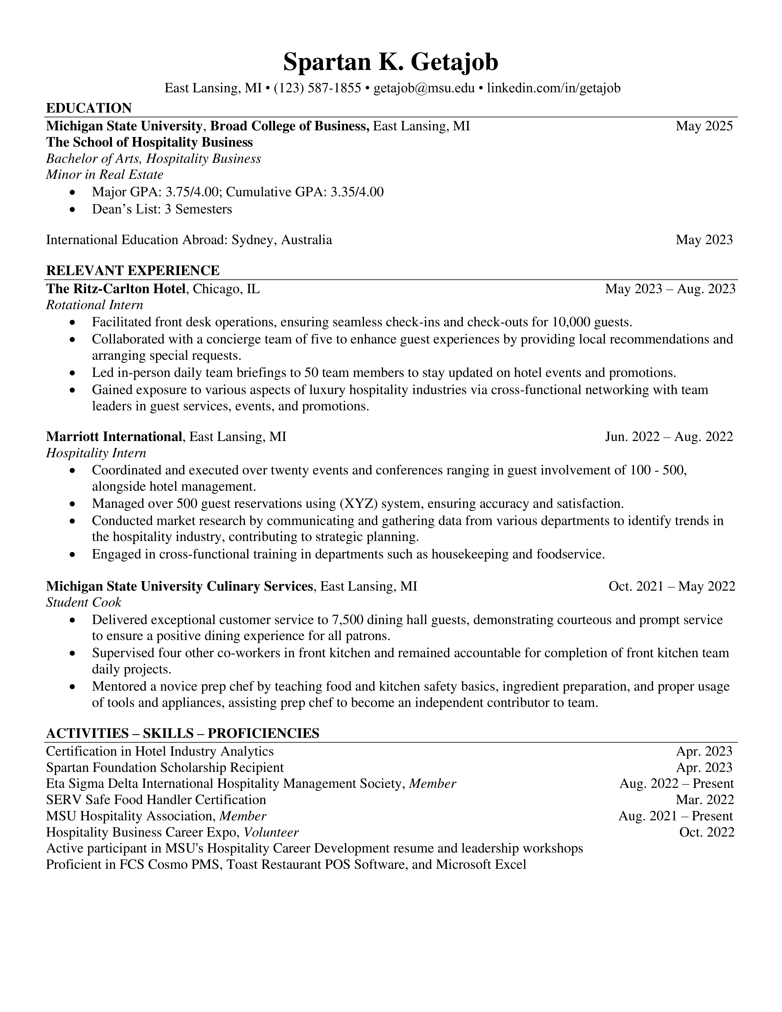 Marriott International Hospitality Intern Resume — page 1