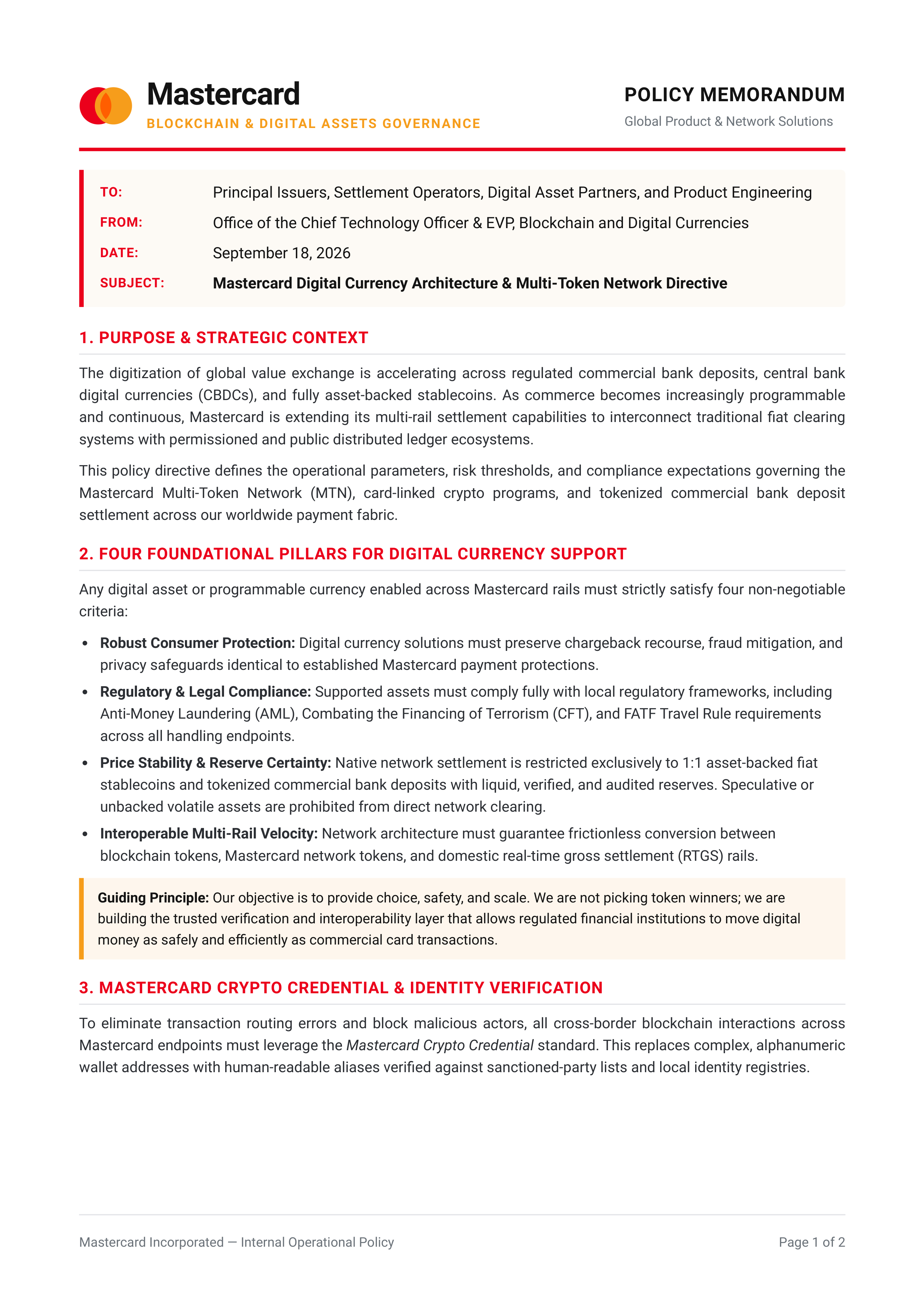 Mastercard Digital Currency Memo — page 1