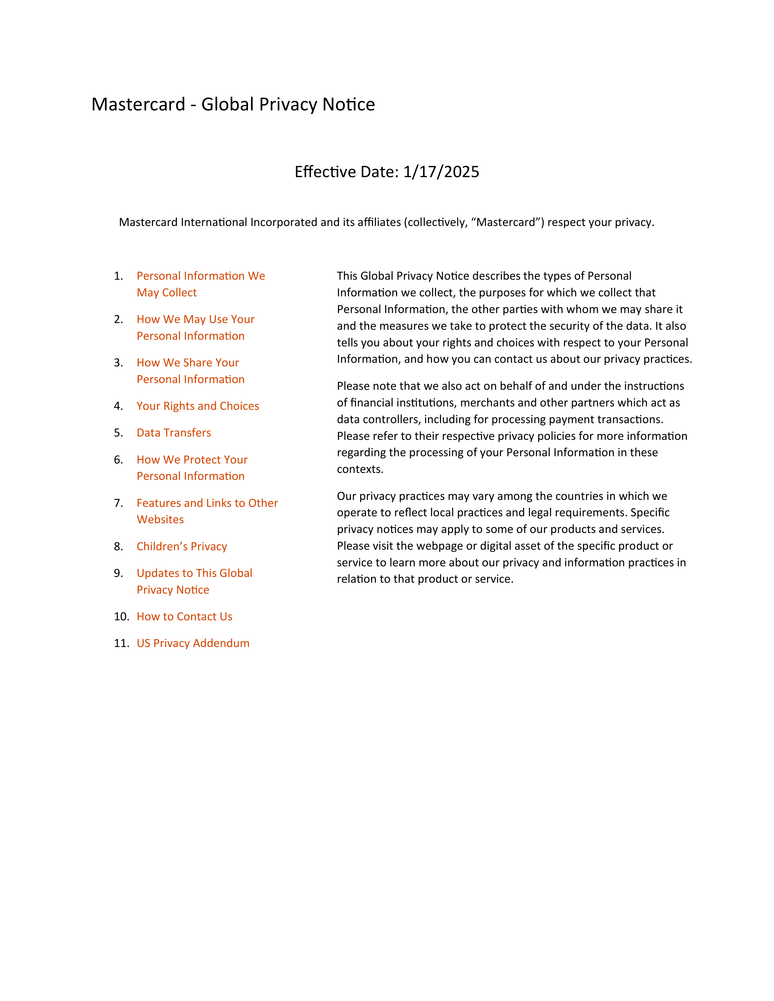 Mastercard Global Privacy Notice — page 1