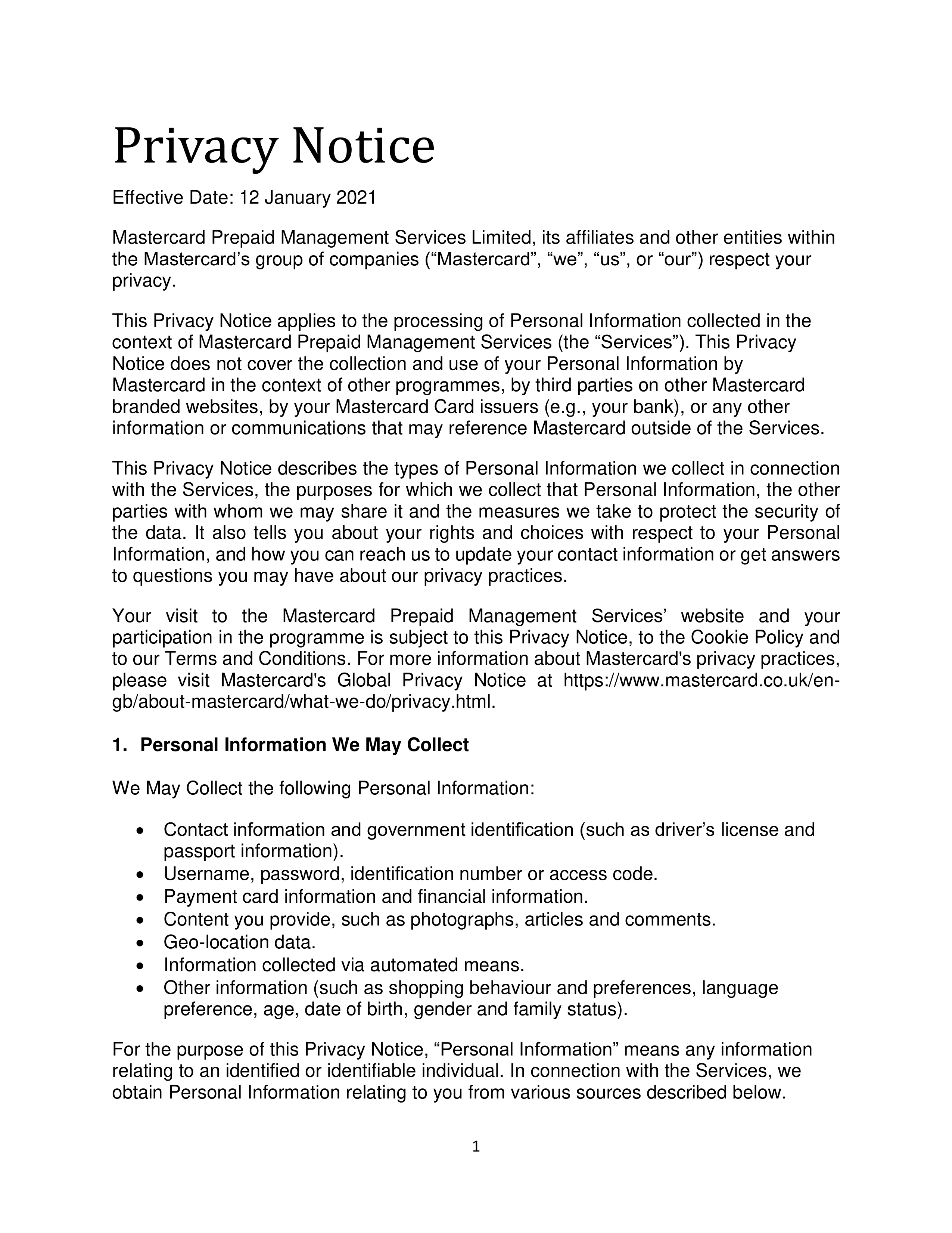 Mastercard Prepaid Management Services Privacy Notice — page 1