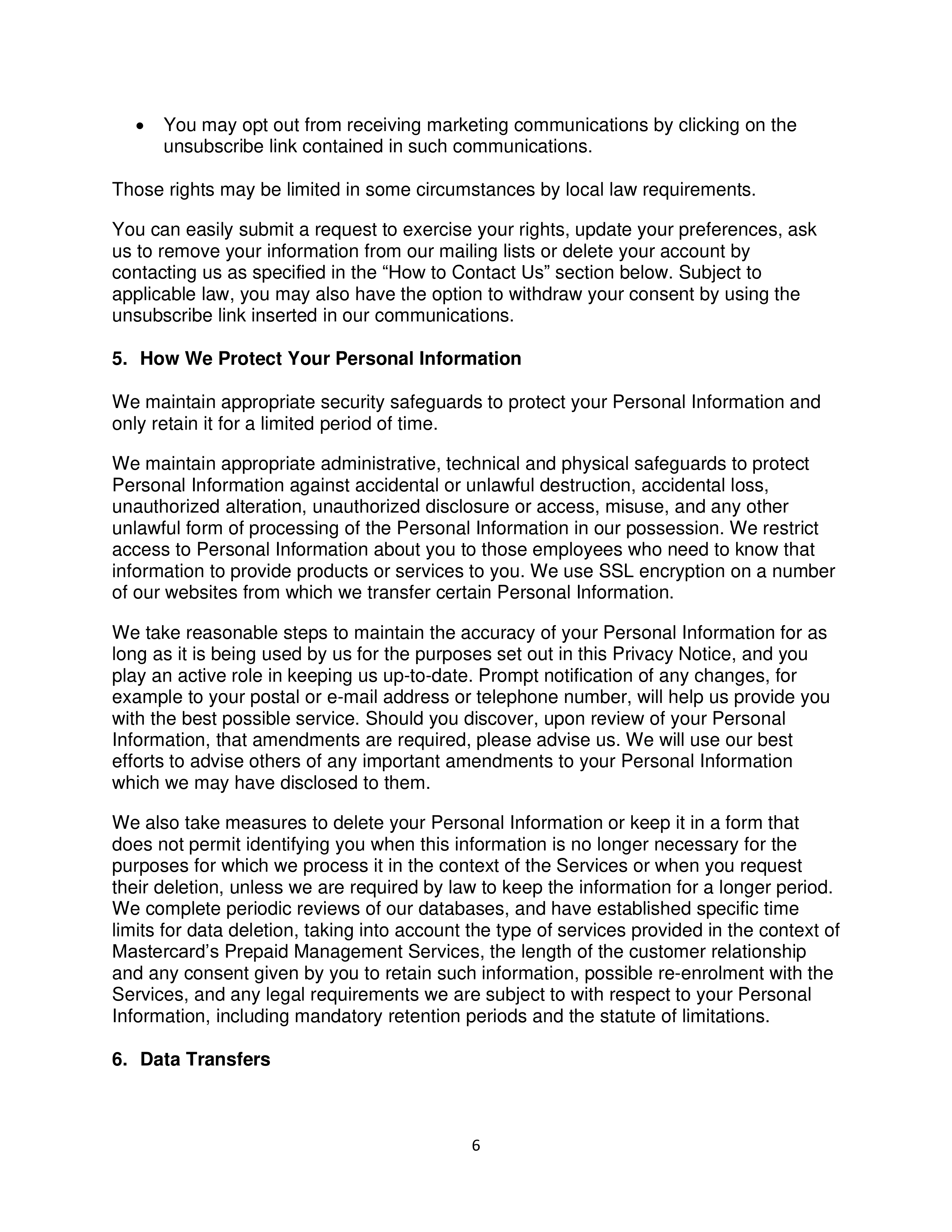 Mastercard Prepaid Management Services Privacy Notice — page 6