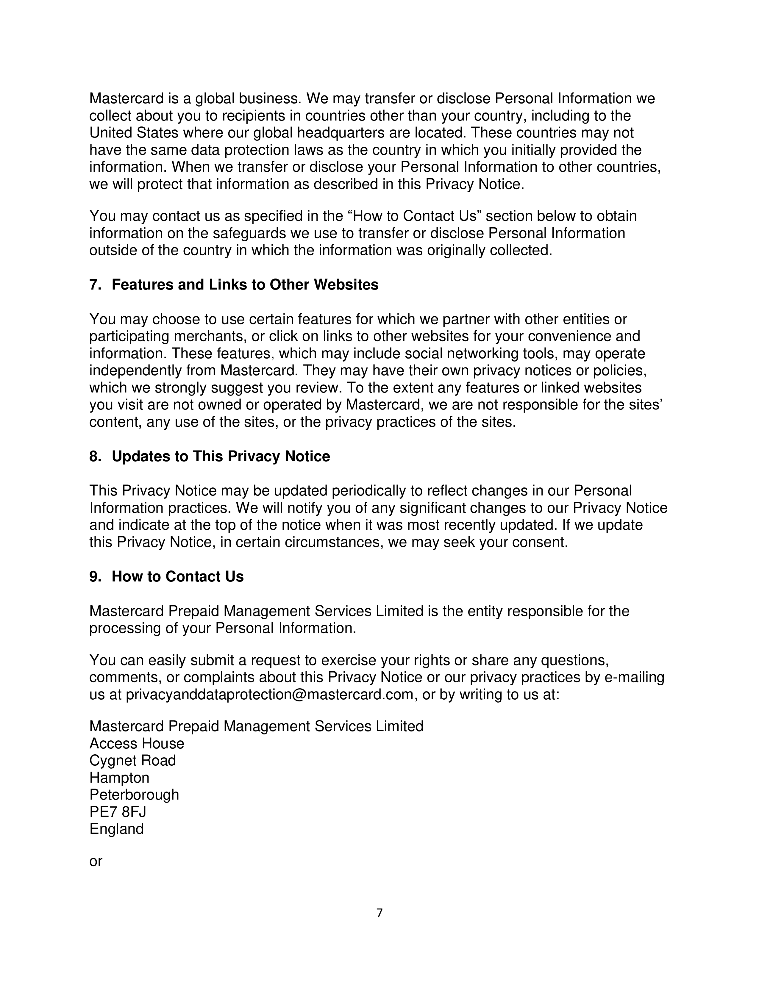 Mastercard Prepaid Management Services Privacy Notice — page 7