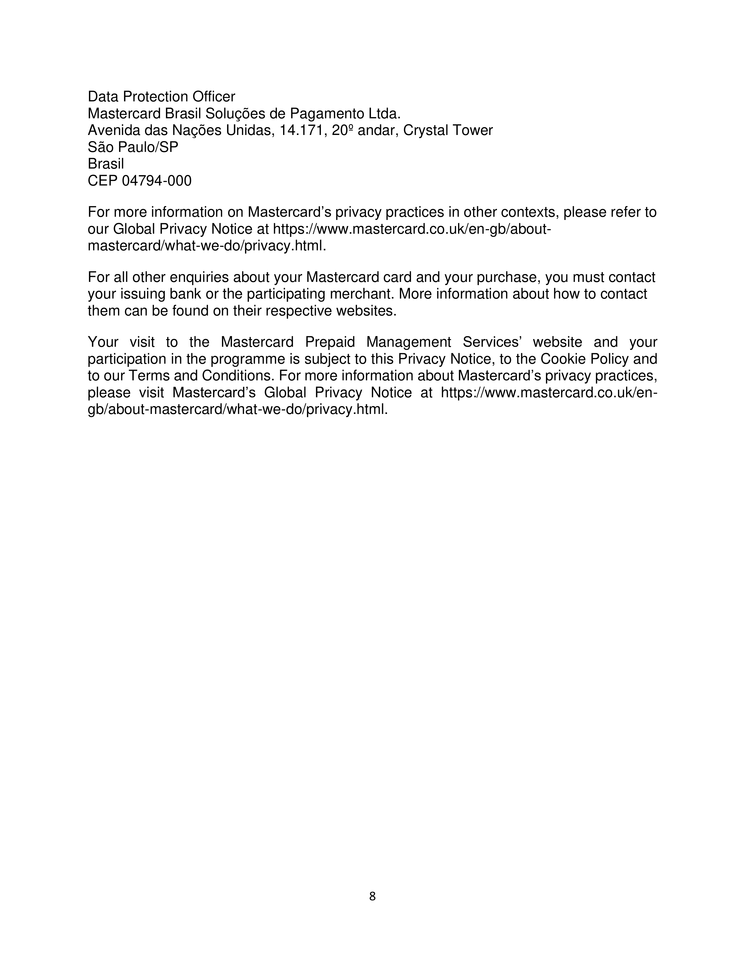 Mastercard Prepaid Management Services Privacy Notice — page 8