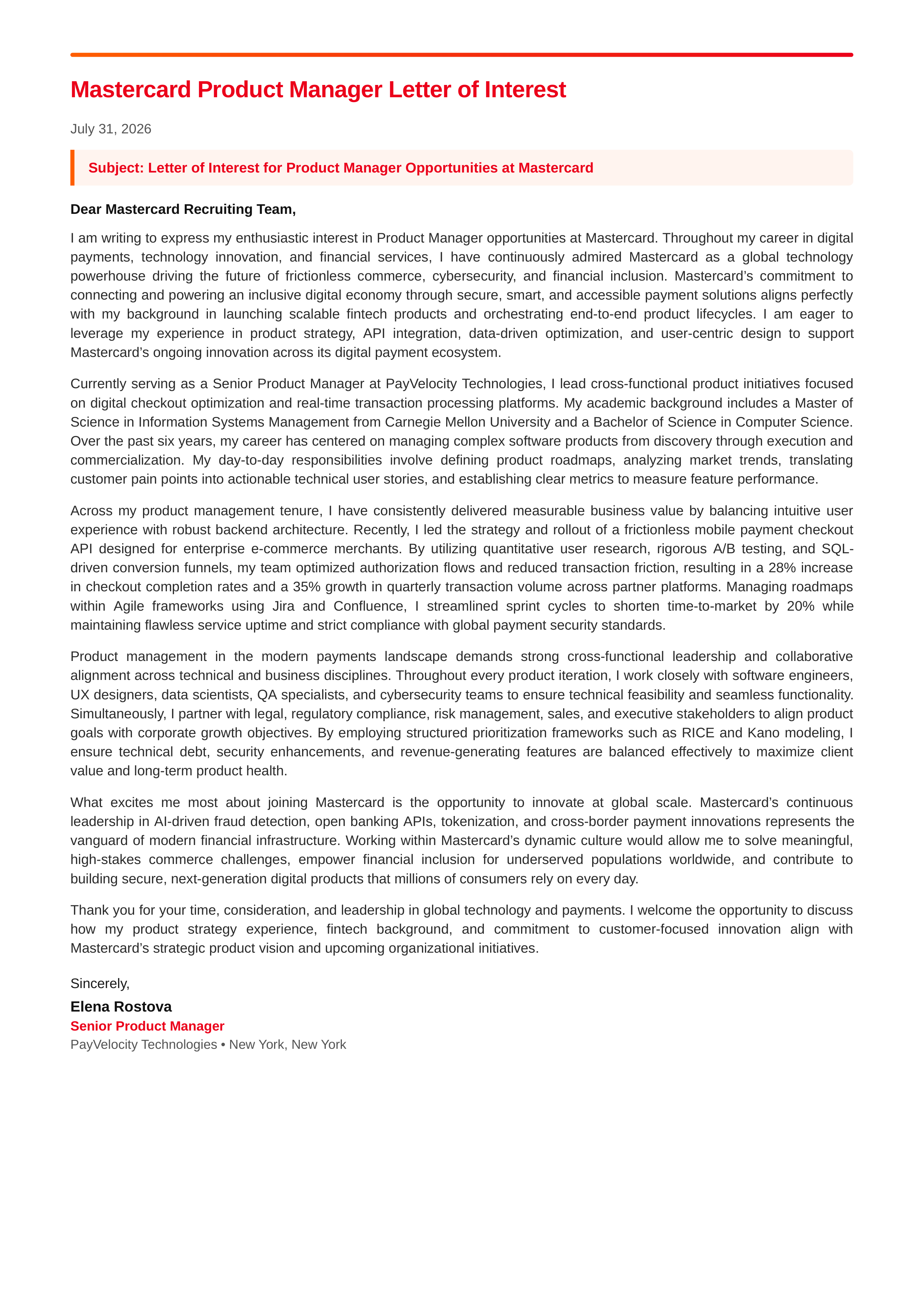 Mastercard Product Manager Letter of Interest — page 1