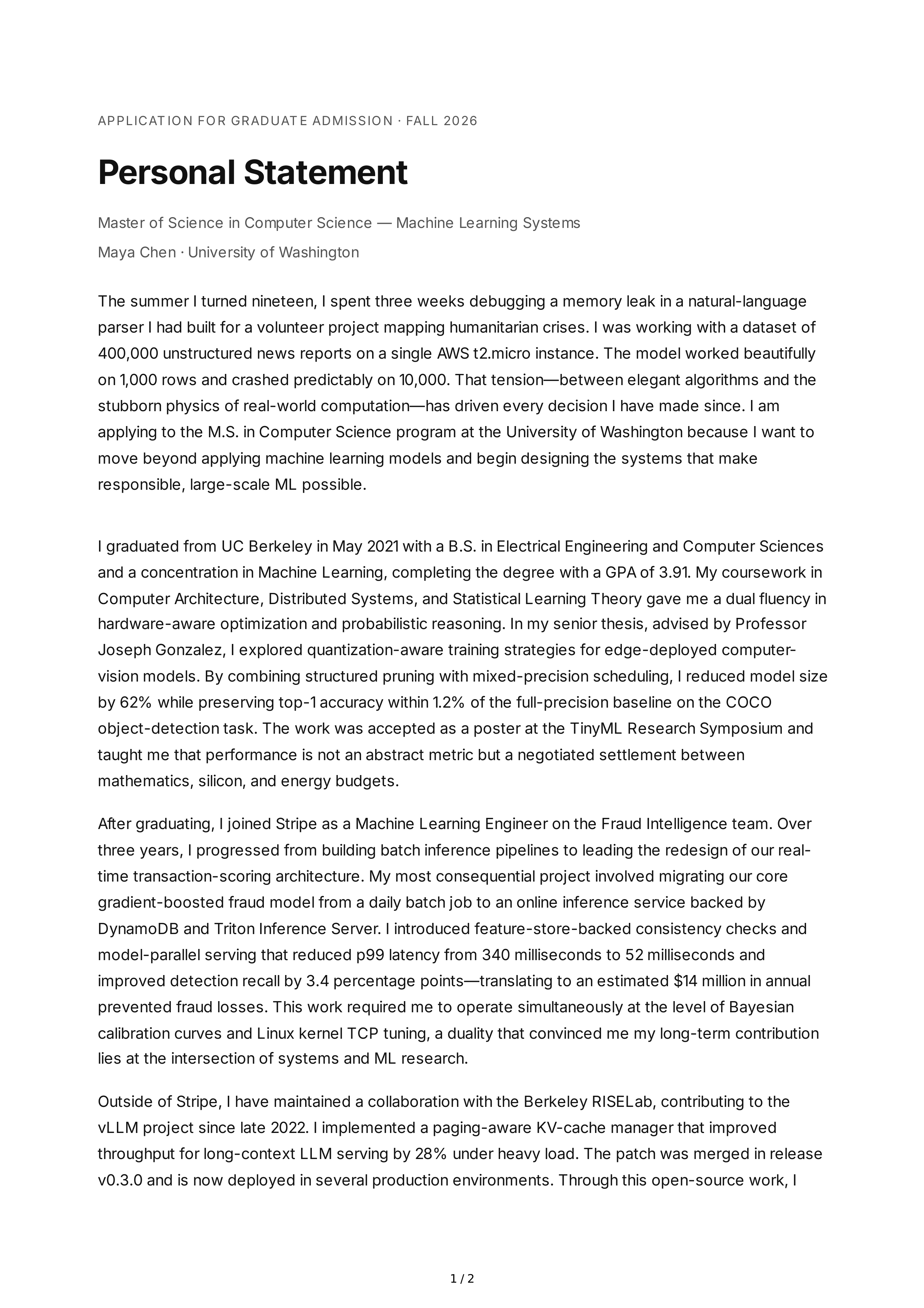 Master's Program Personal Statement — page 1