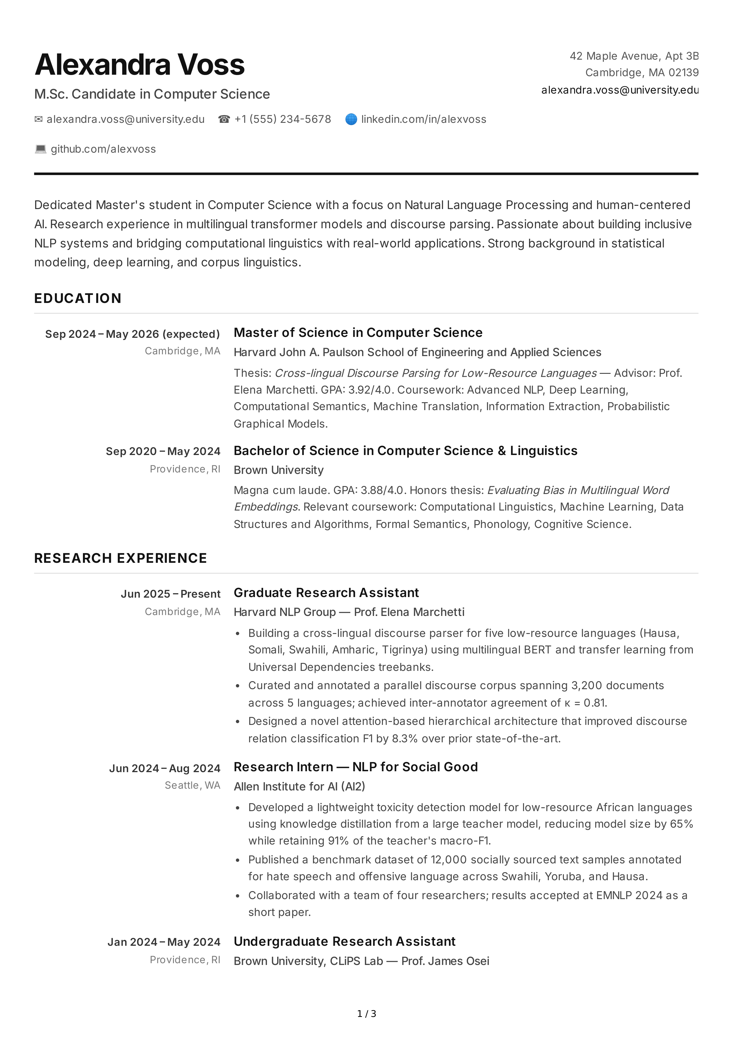 Master's Student CV — page 1