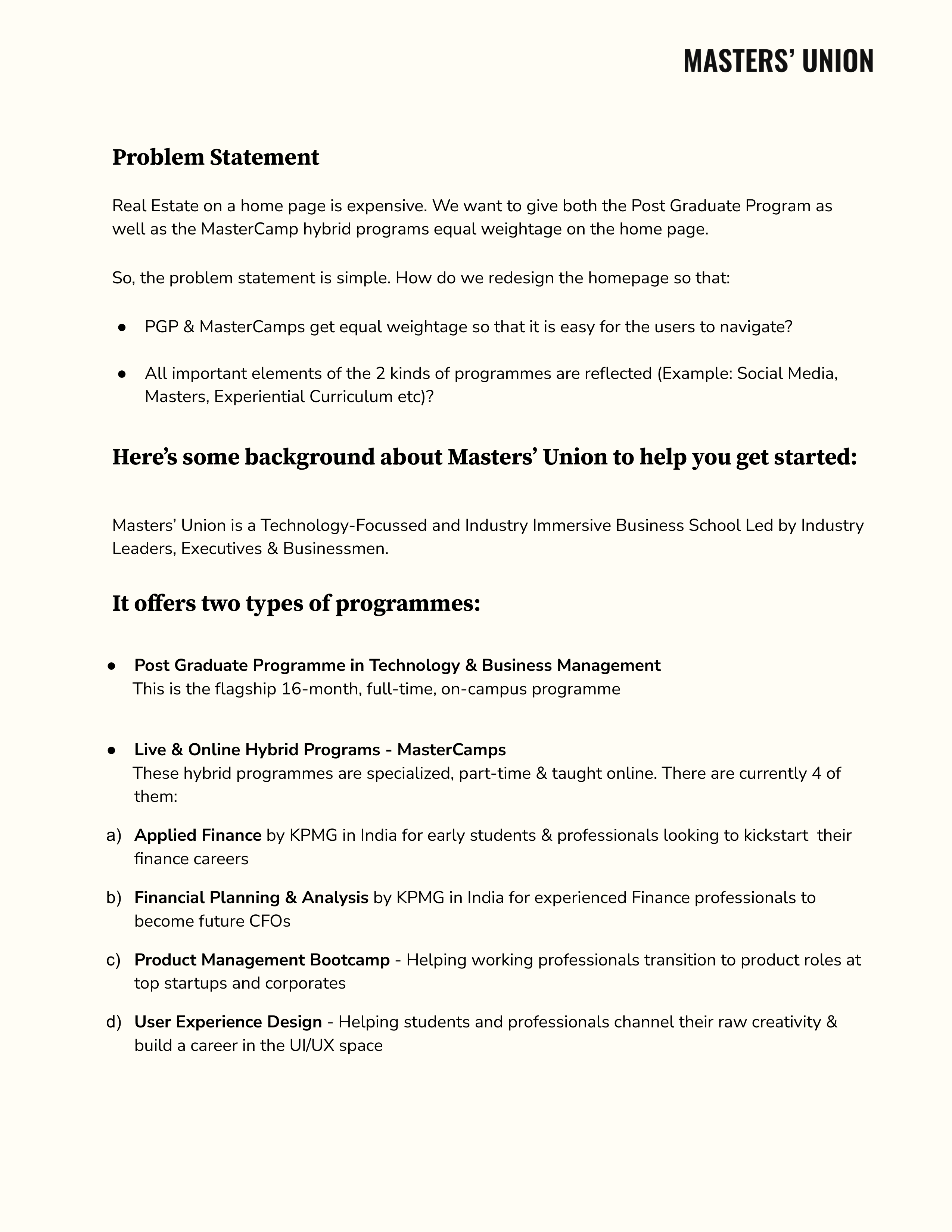Masters' Union Website Navigation Problem Statement — page 1