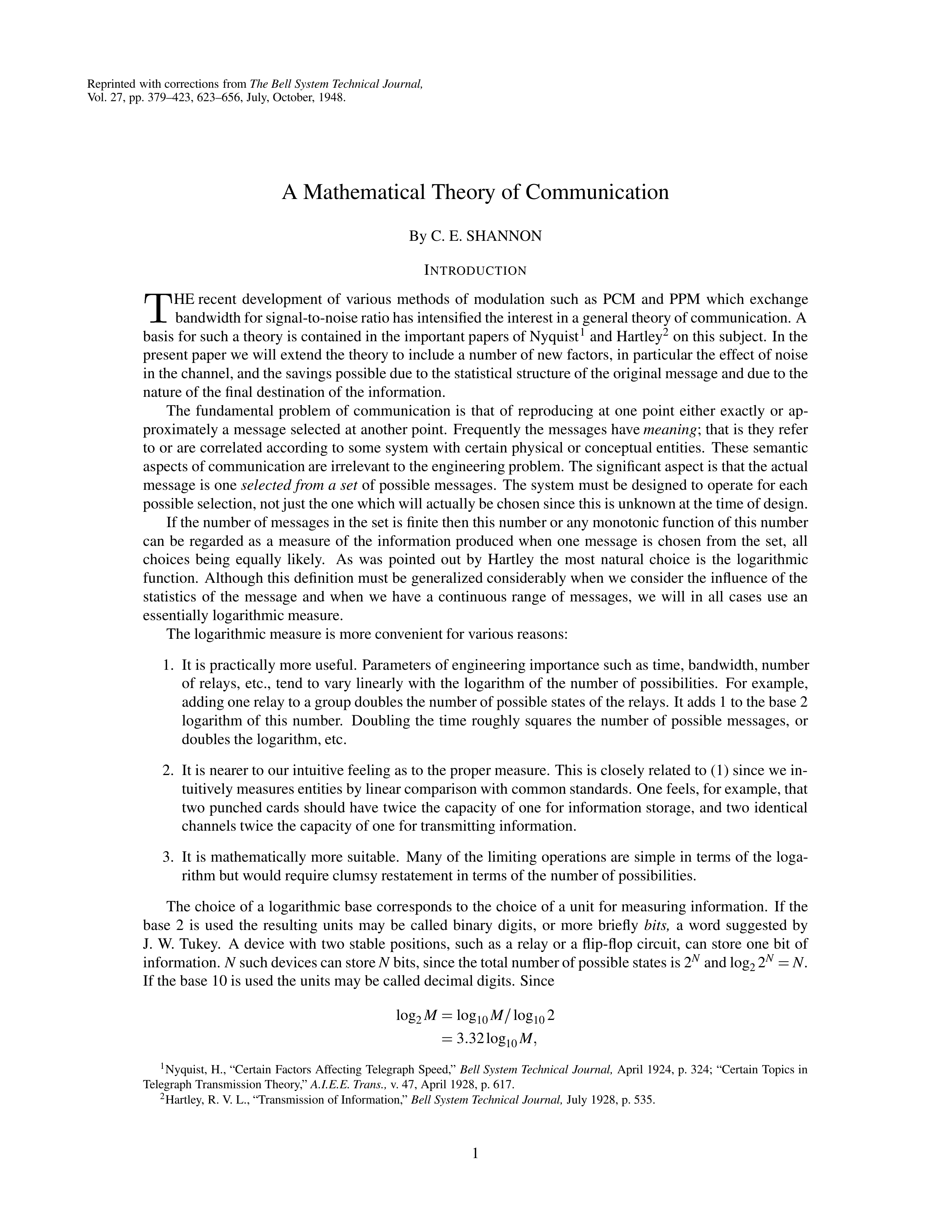 Mathematical Theory of Communication Research Paper by Claude E. Shannon — page 1
