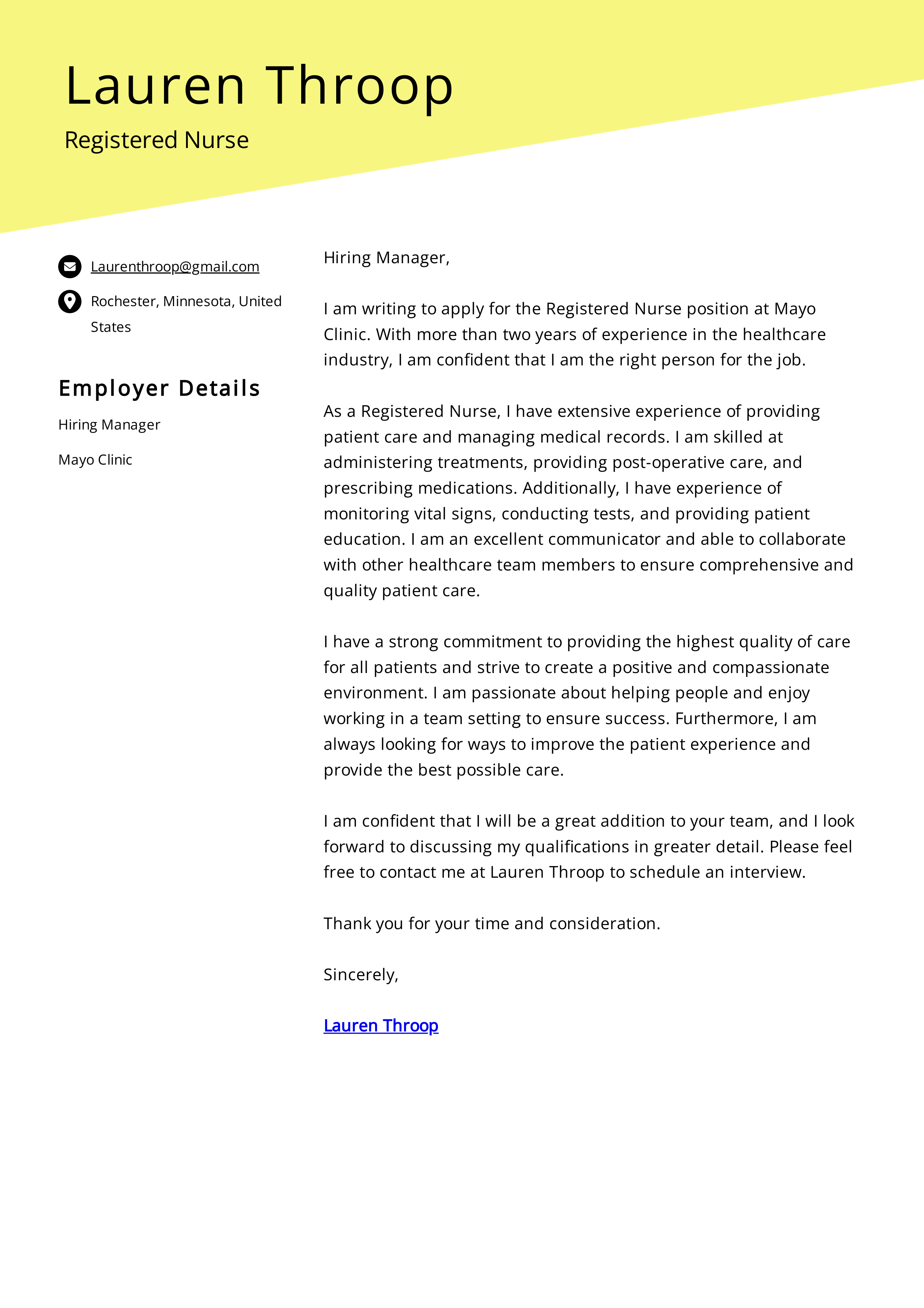 Mayo Clinic Registered Nurse Cover Letter — page 1