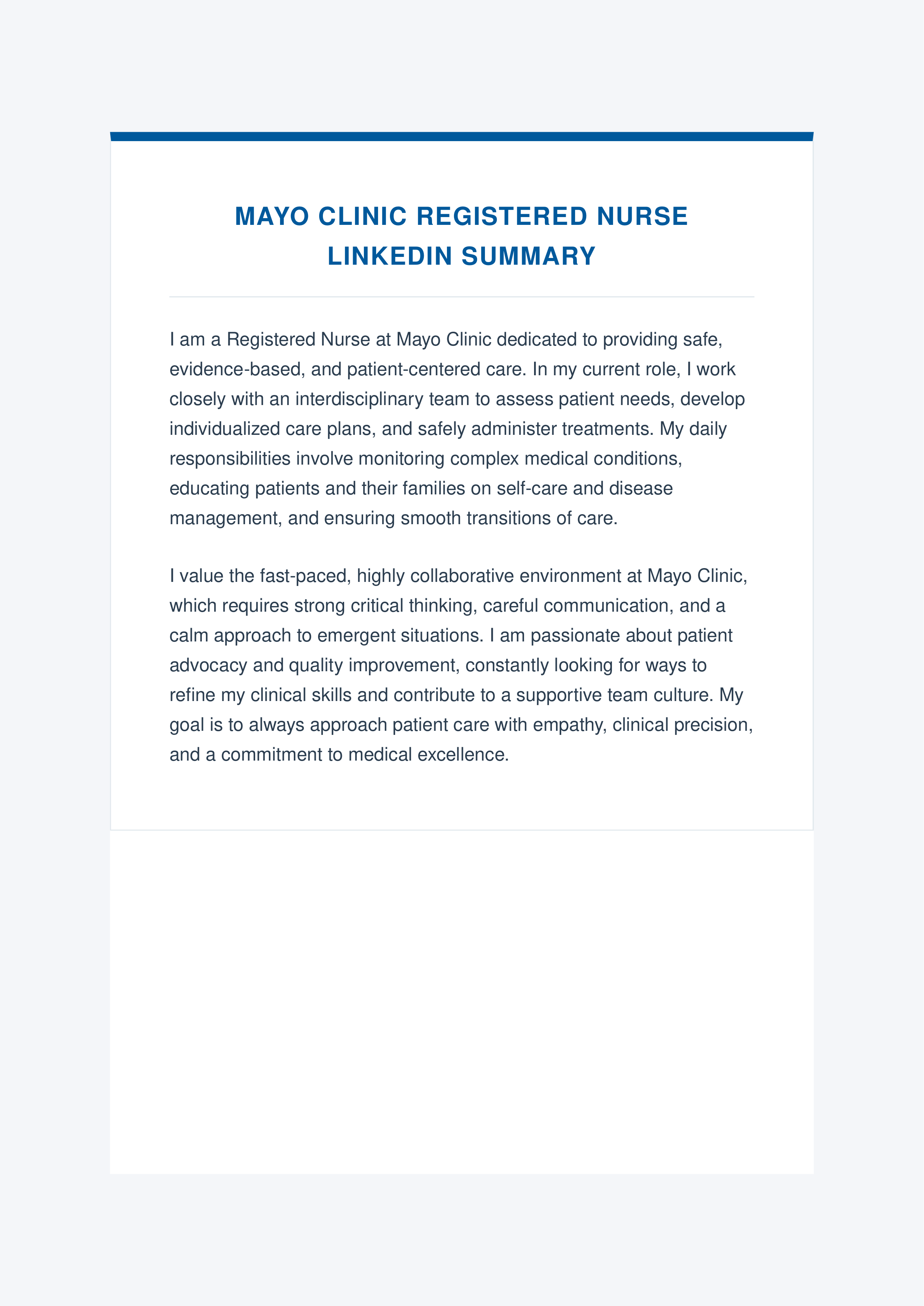 Mayo Clinic Registered Nurse LinkedIn Summary — page 1