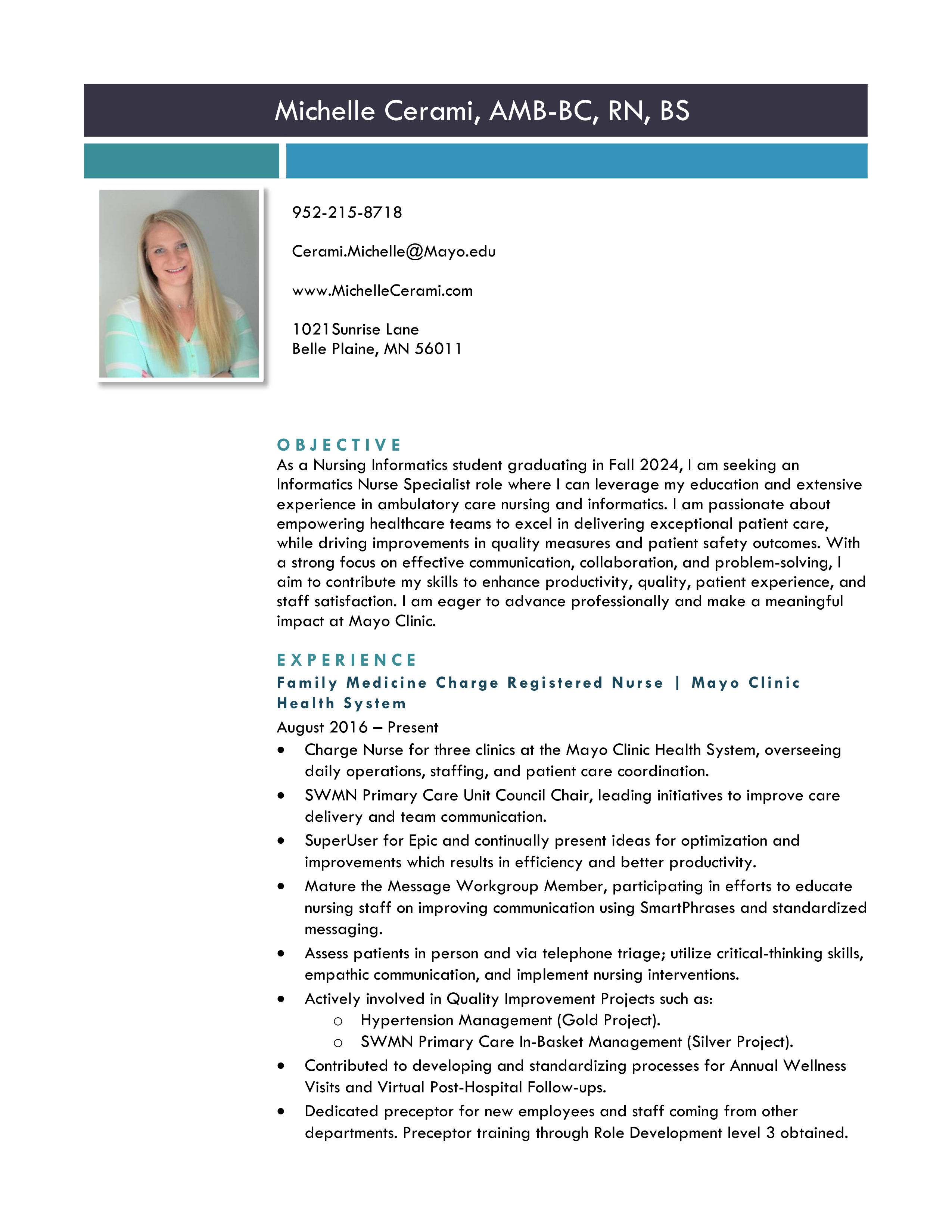 Mayo Clinic Registered Nurse Resume — page 1