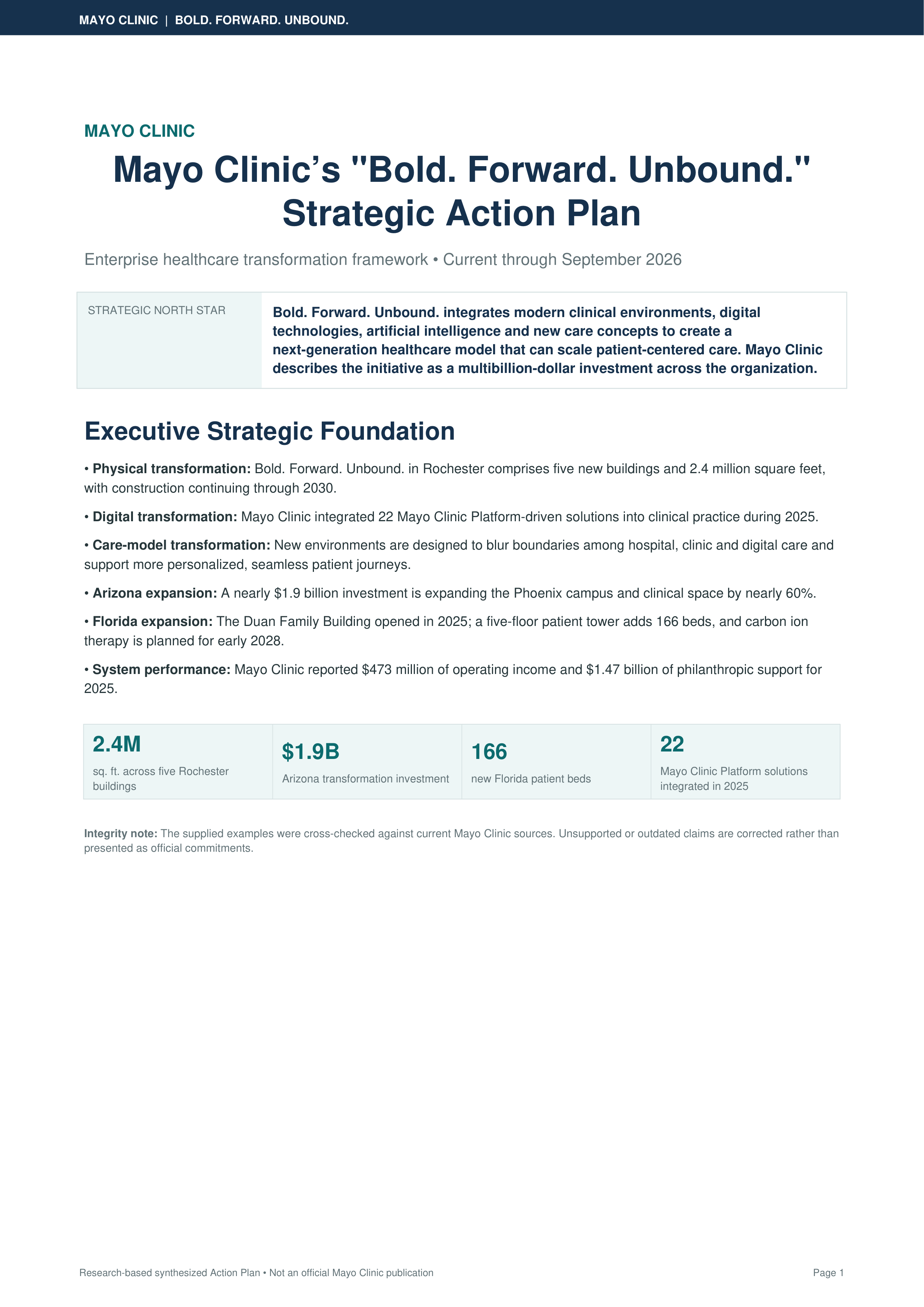 Mayo Clinic's "Bold. Forward. Unbound." Strategic Action Plan — page 1