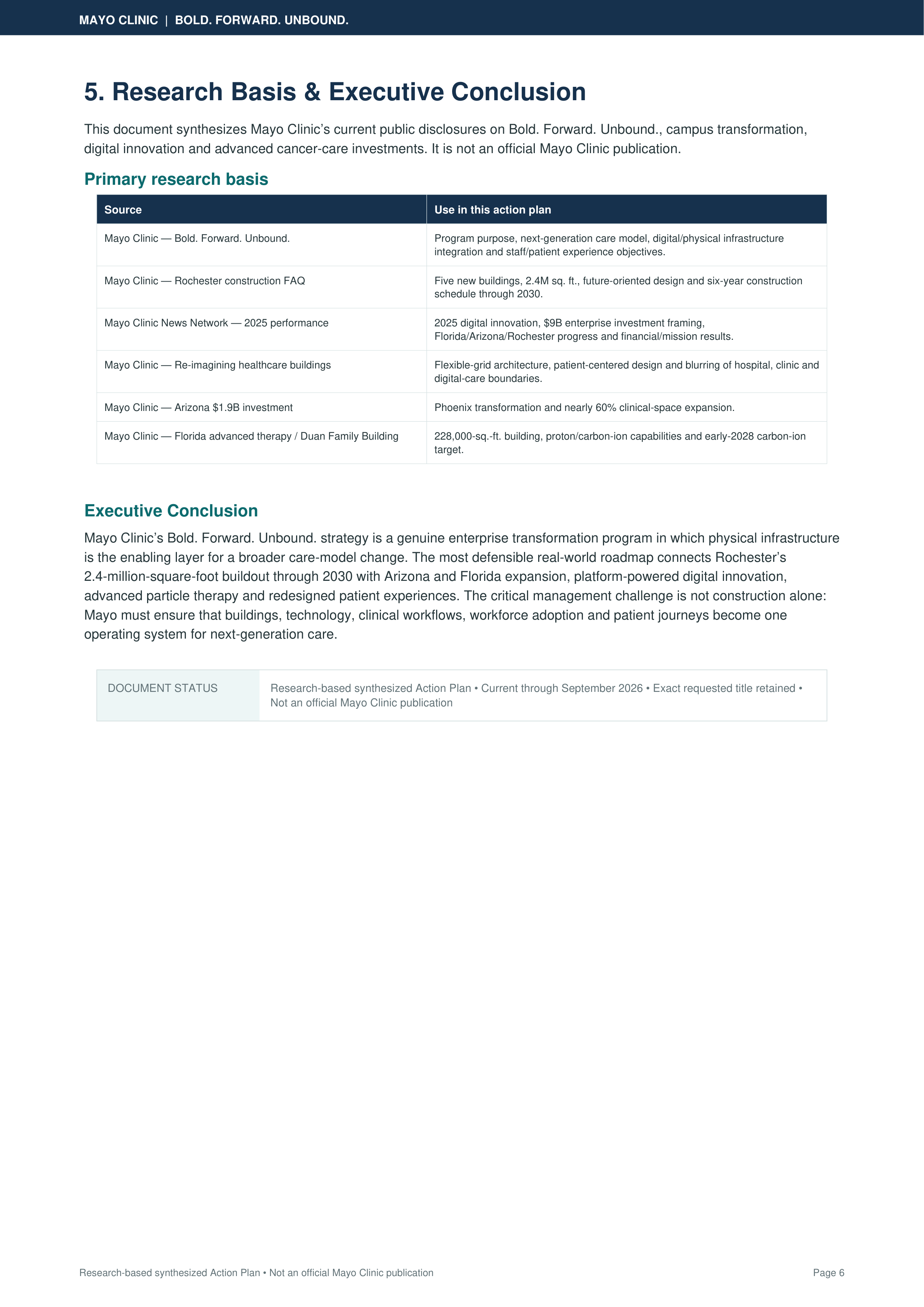 Mayo Clinic's "Bold. Forward. Unbound." Strategic Action Plan — page 6