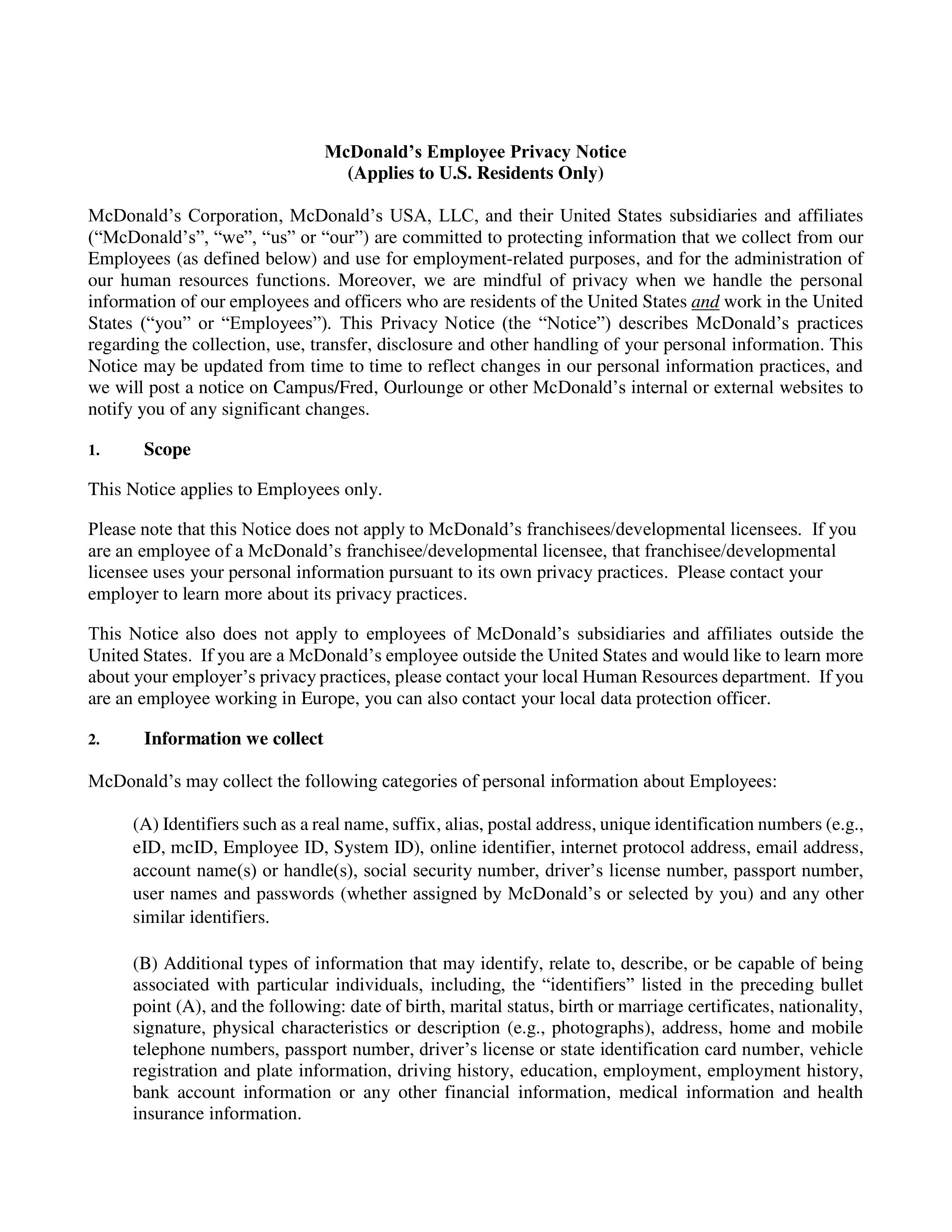 McDonald's Employee Privacy Notice — page 1