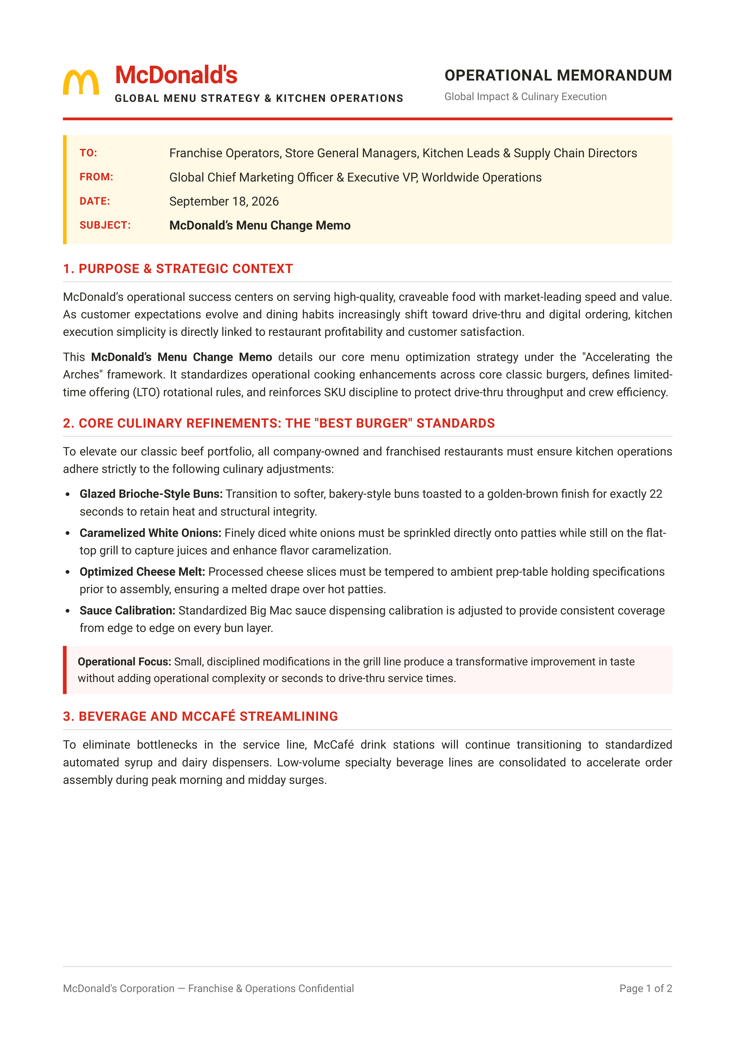 McDonald’s Menu Change Memo — page 1
