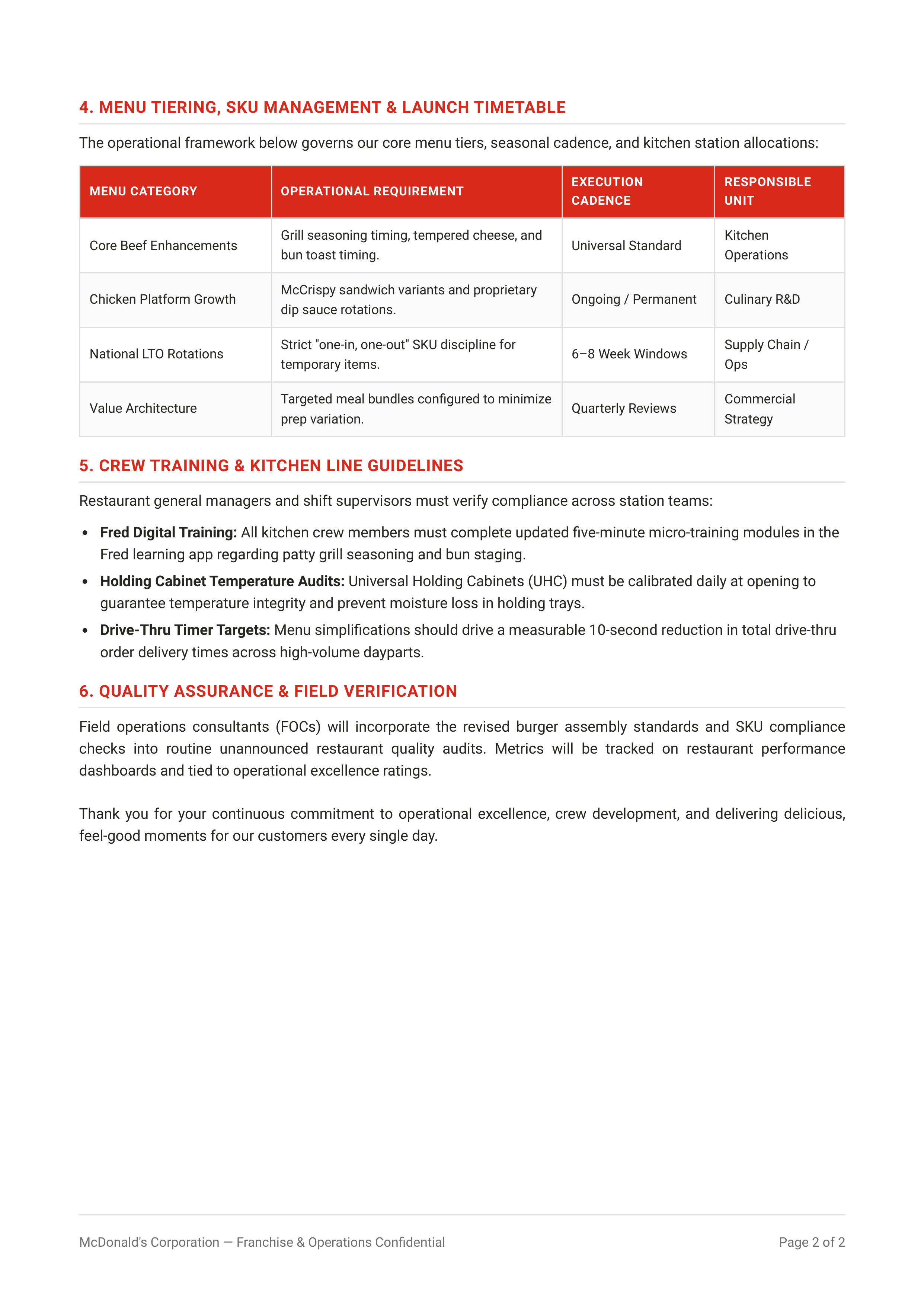 McDonald’s Menu Change Memo — page 2
