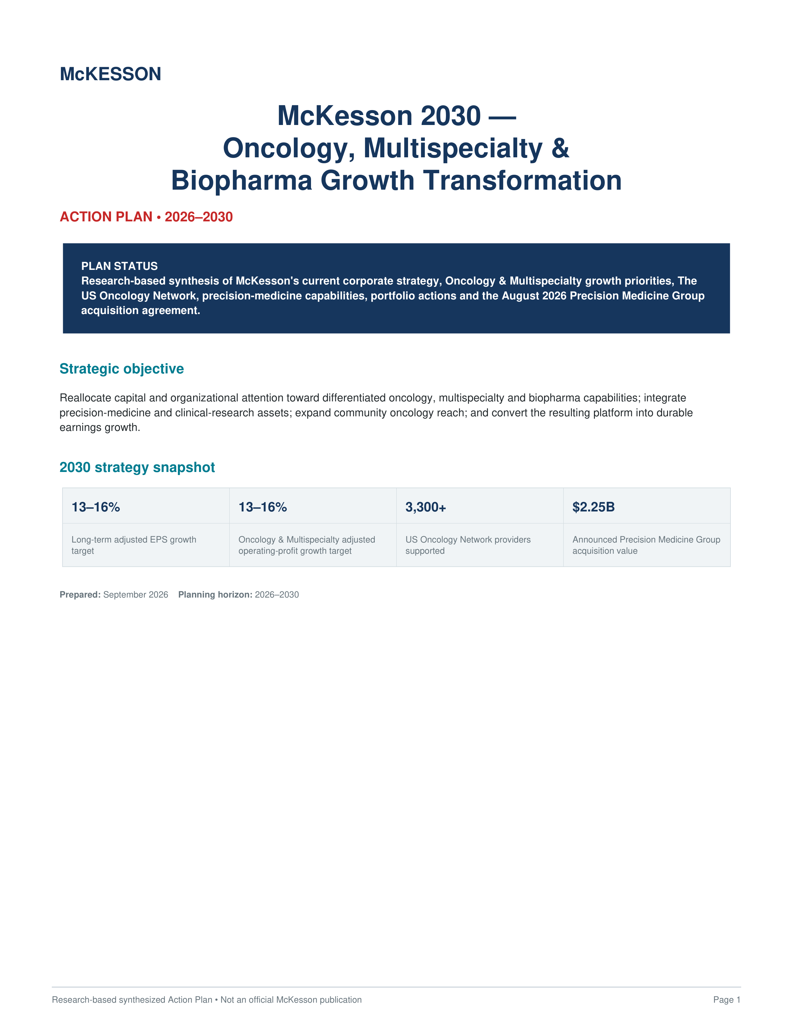 McKesson Oncology, Multispecialty & Biopharma Growth Transformation Action Plan — page 1