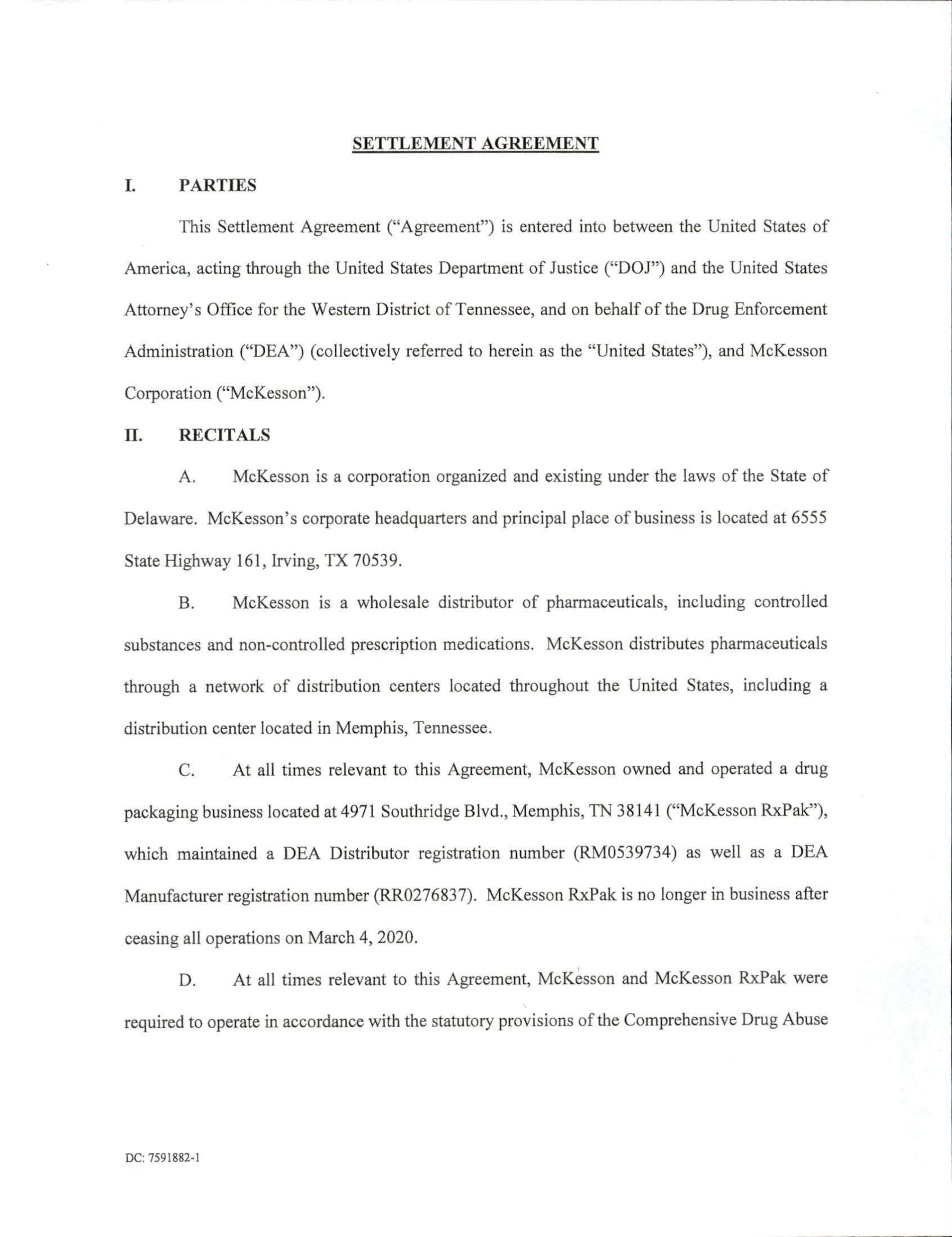 McKesson Settlement Agreement — page 1