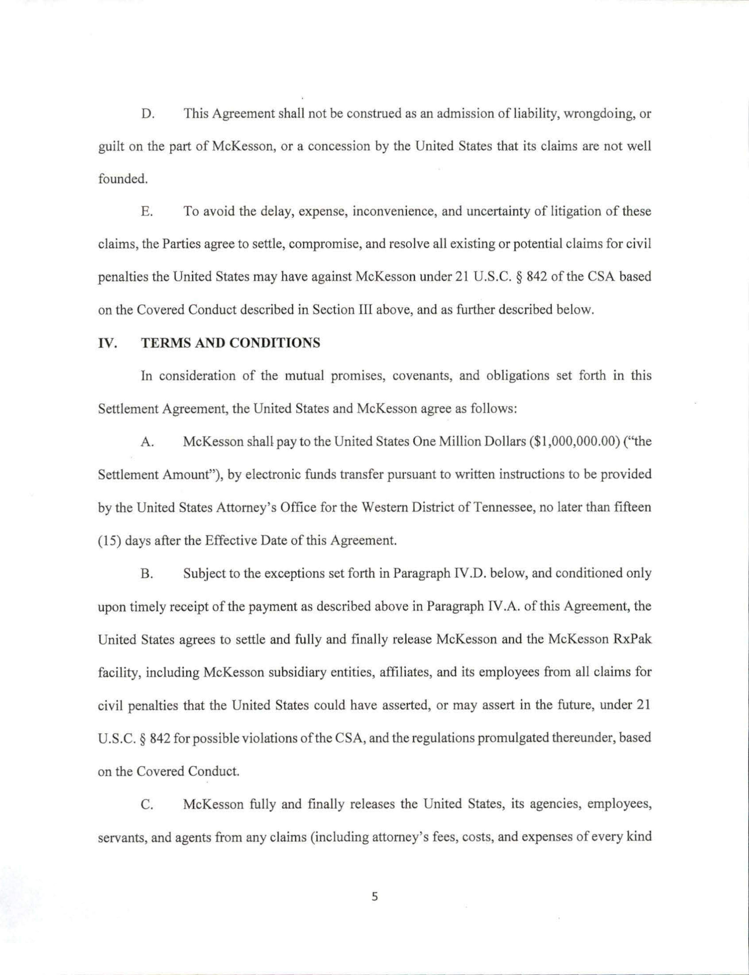 McKesson Settlement Agreement — page 5