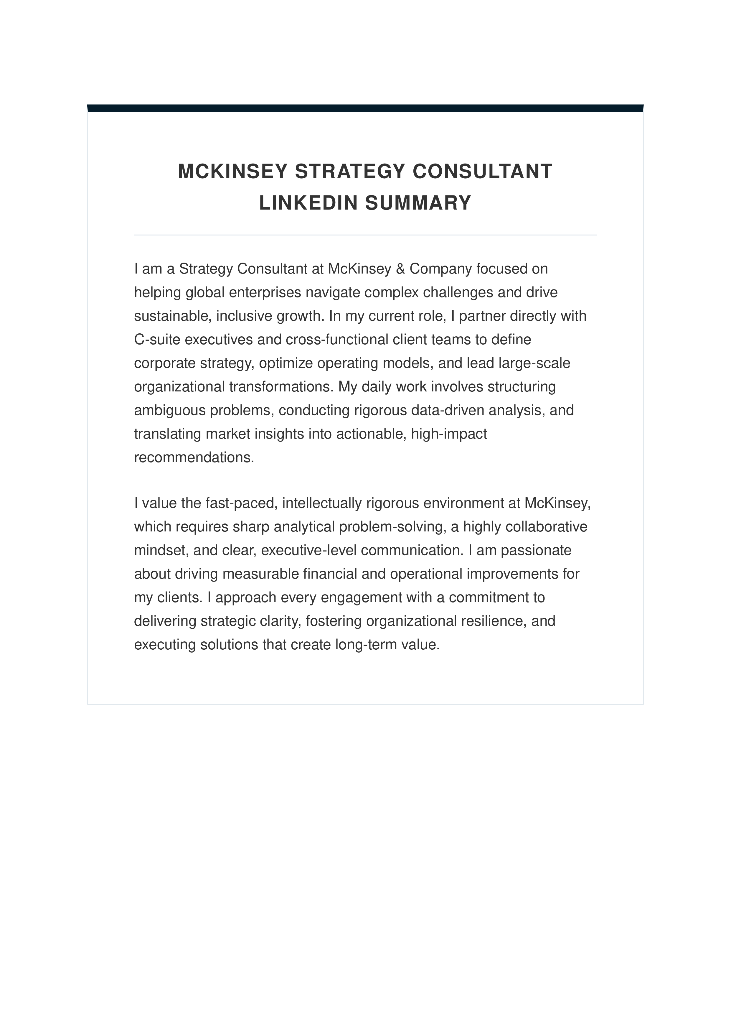 McKinsey Strategy Consultant LinkedIn Summary — page 1