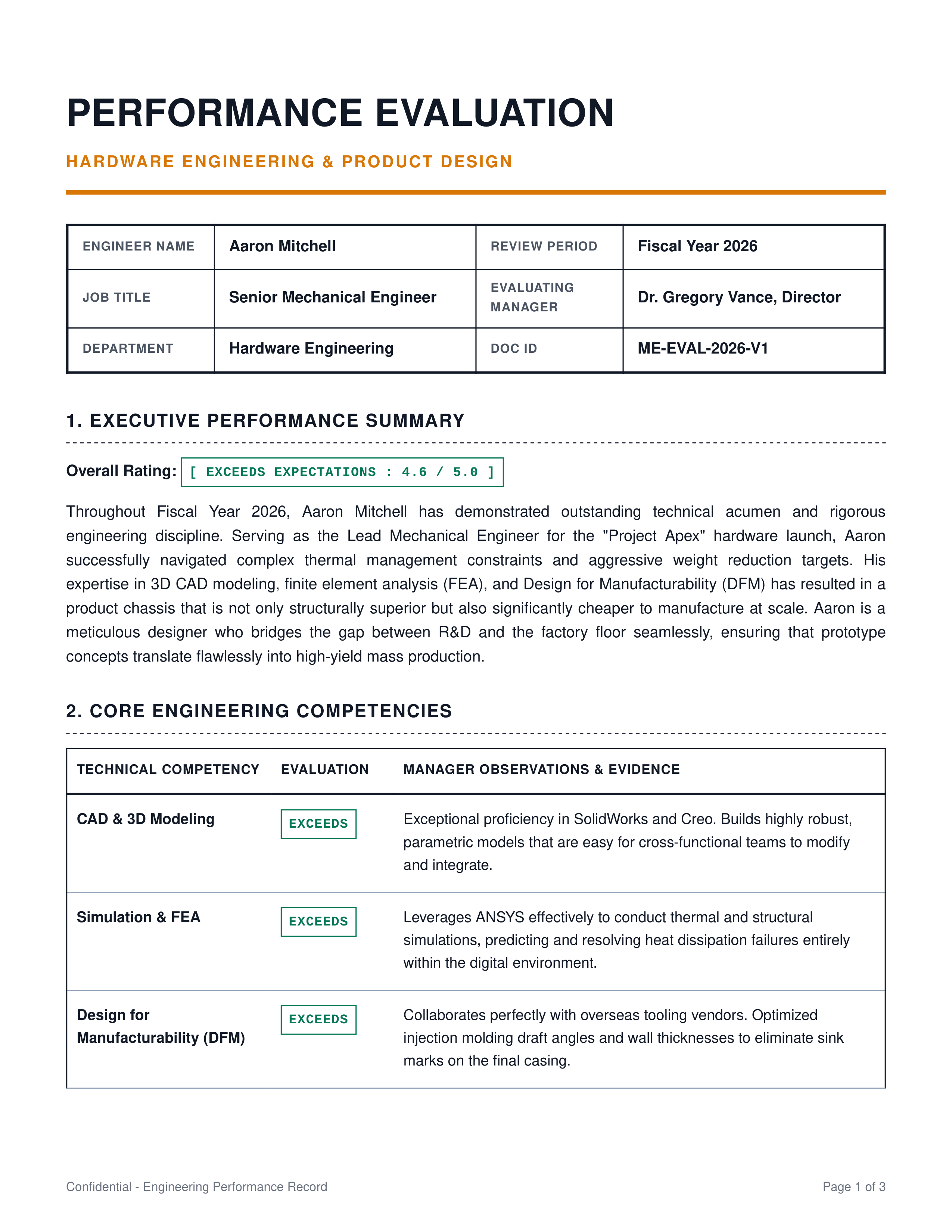 Mechanical Engineer Performance Review — page 1