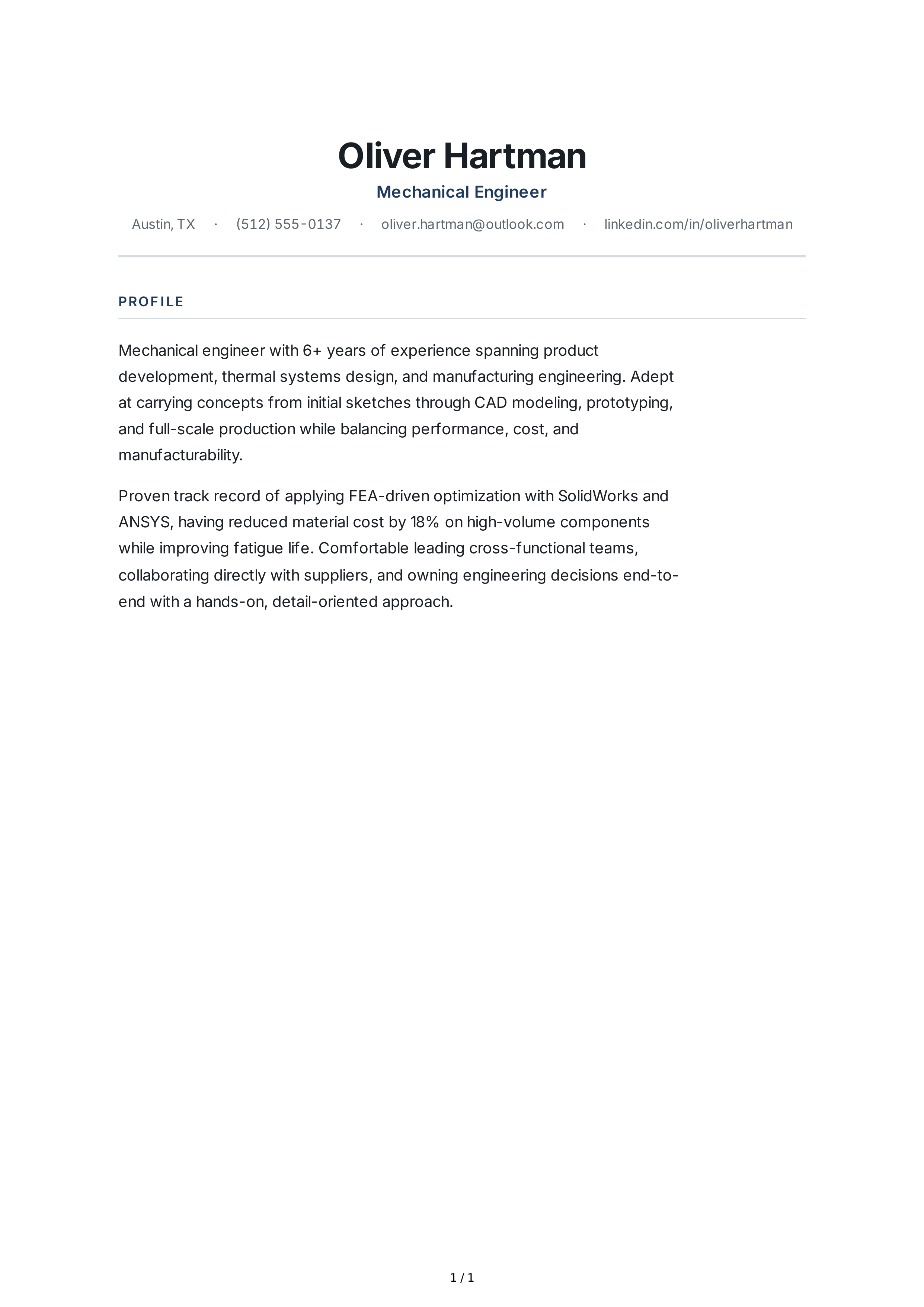 Mechanical Engineer Resume Profile — page 1
