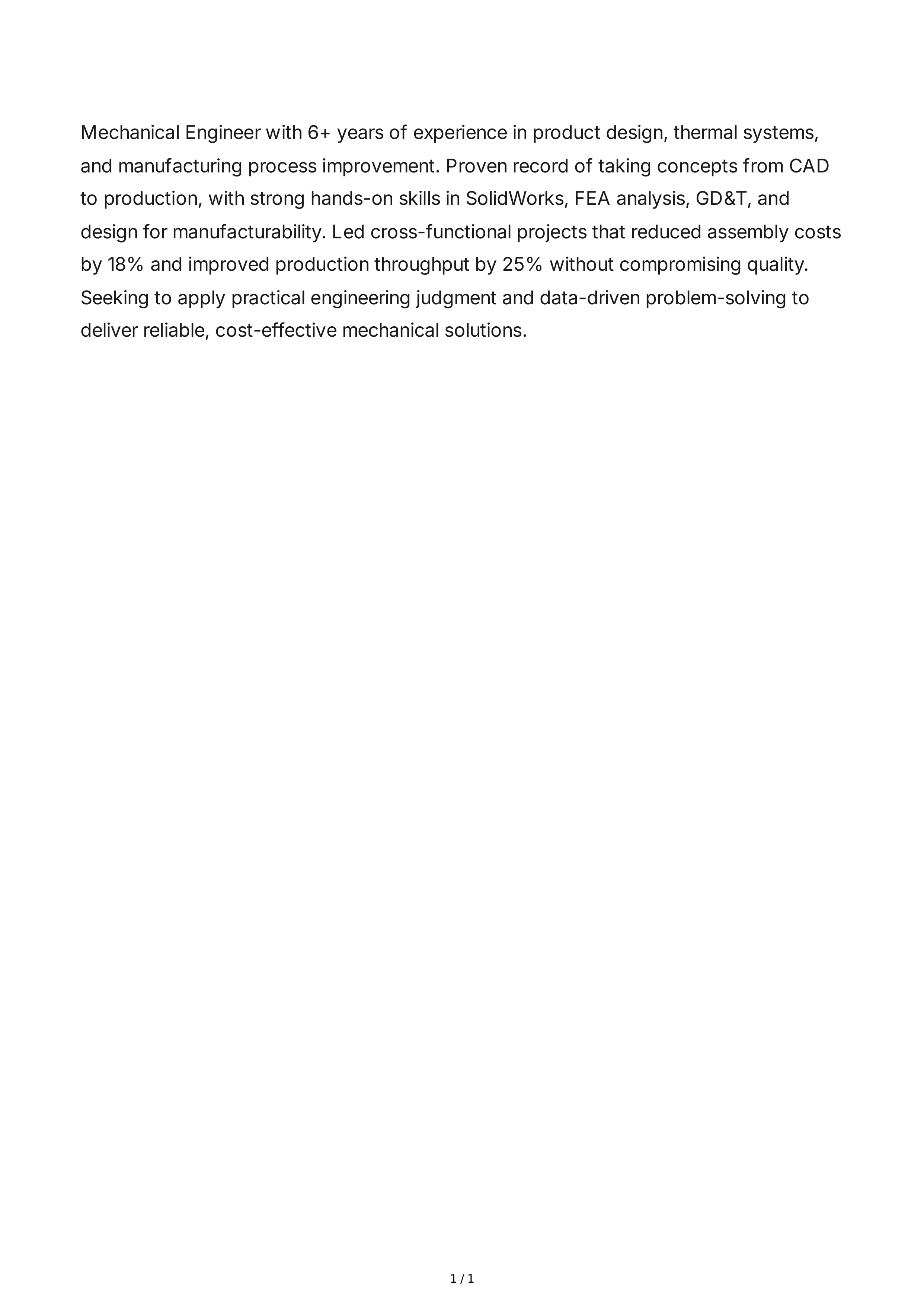 Mechanical Engineer Resume Summary — page 1
