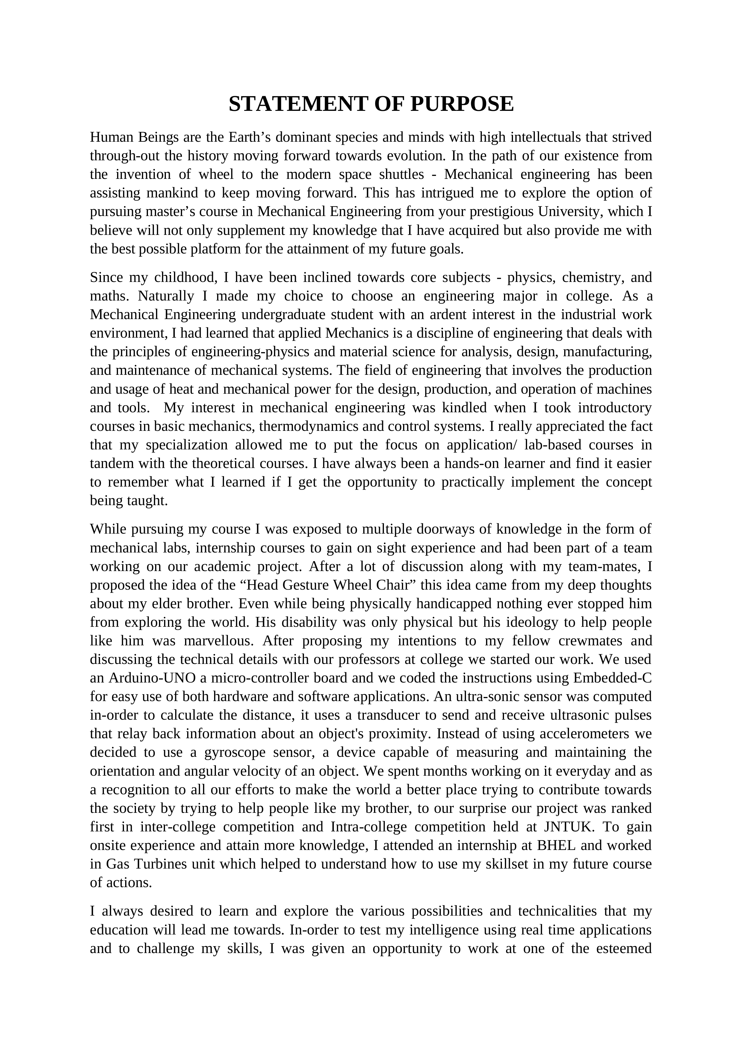 Mechanical Engineer Statement of Purpose — page 1