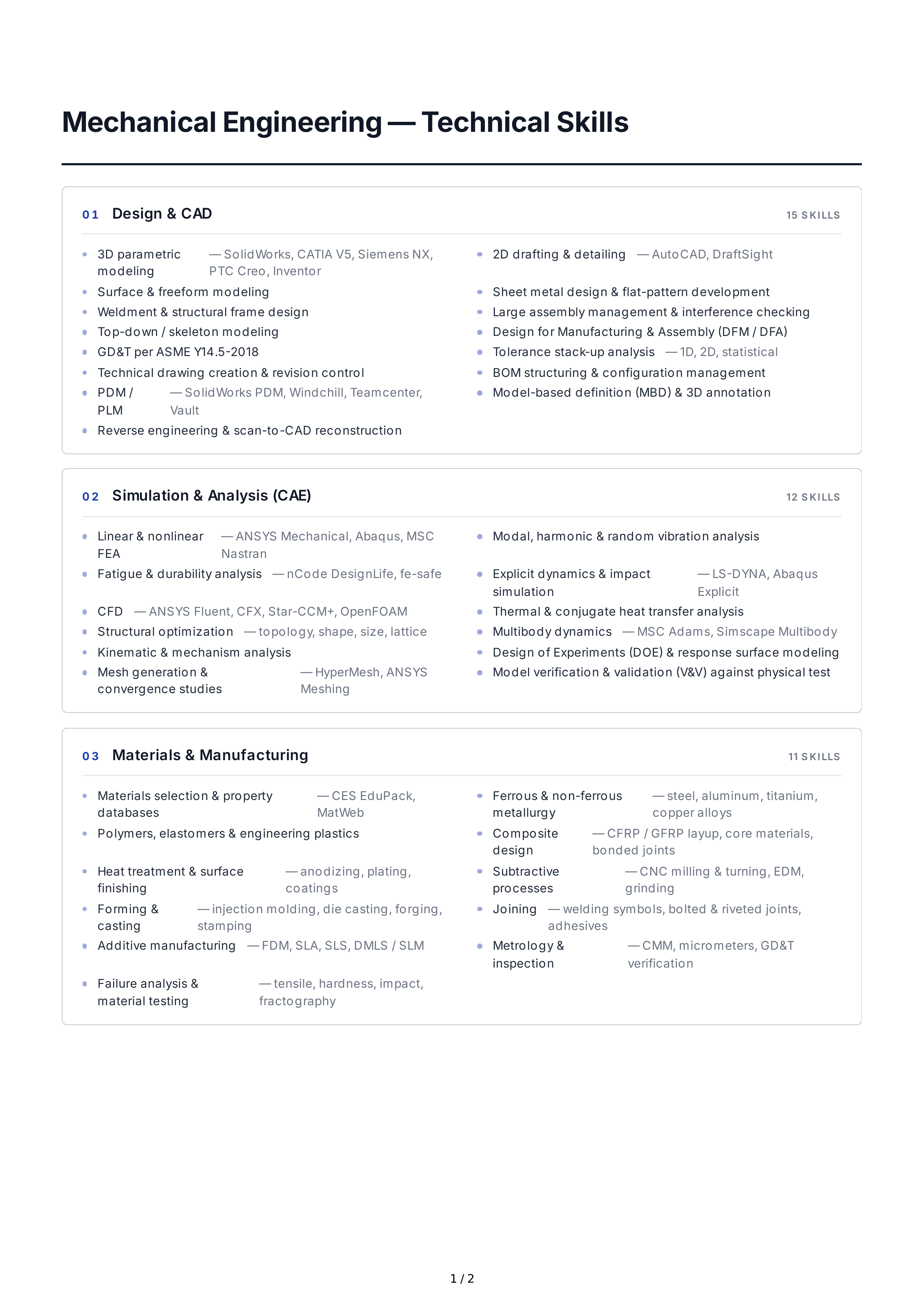 Mechanical Engineering Technical Skills — page 1