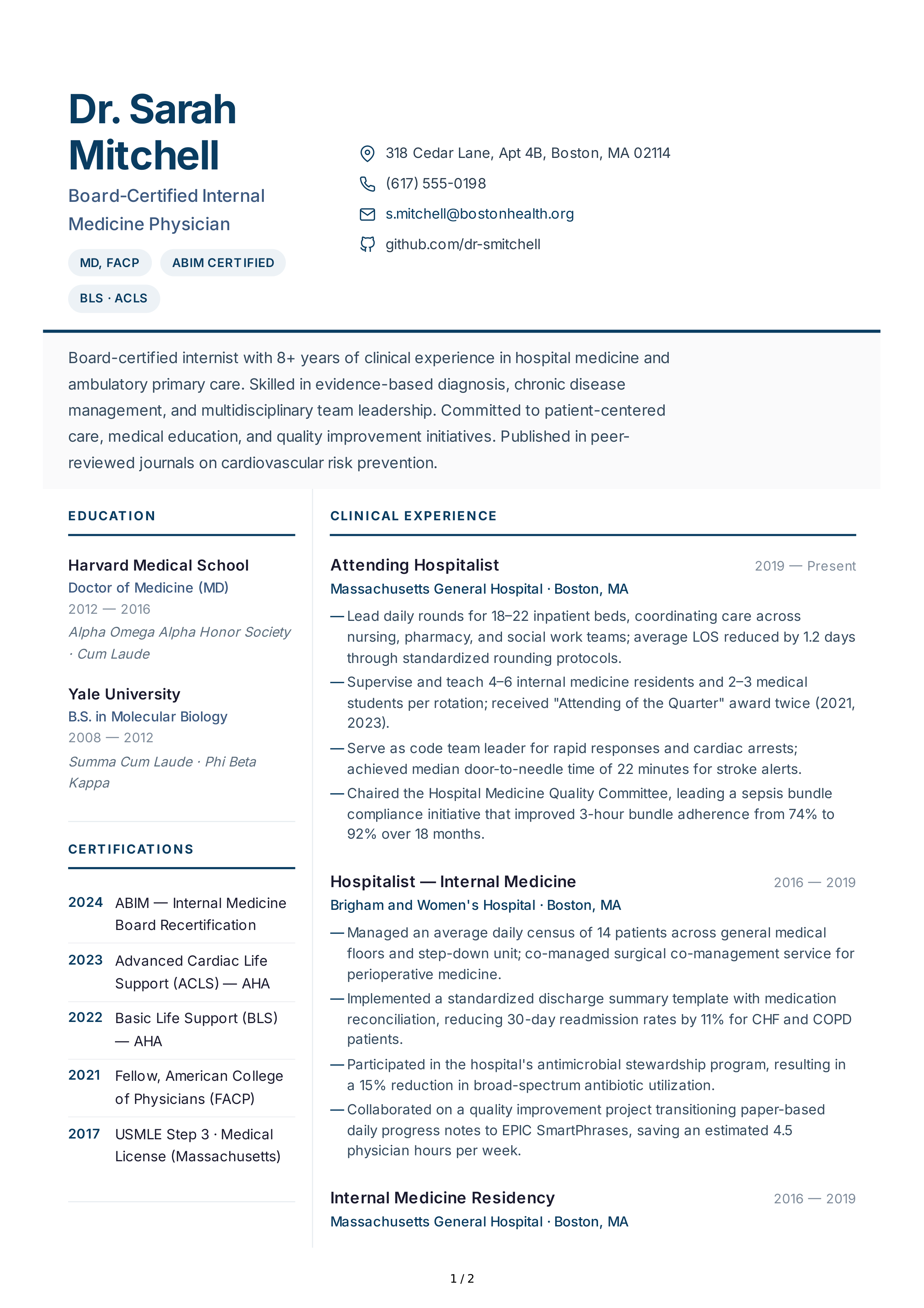 Medical Doctor CV — page 1