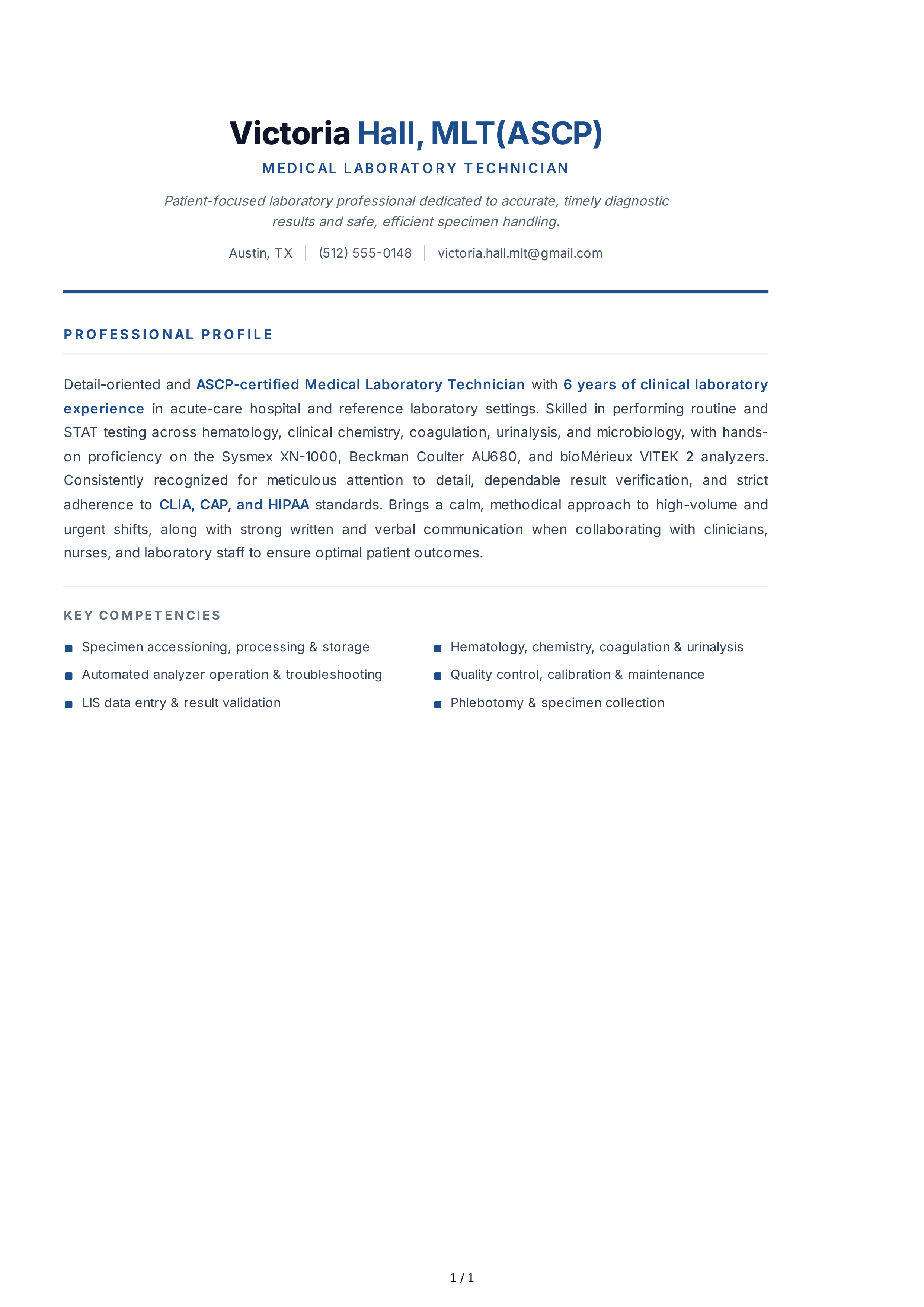 Medical Laboratory Technician Resume Profile — page 1