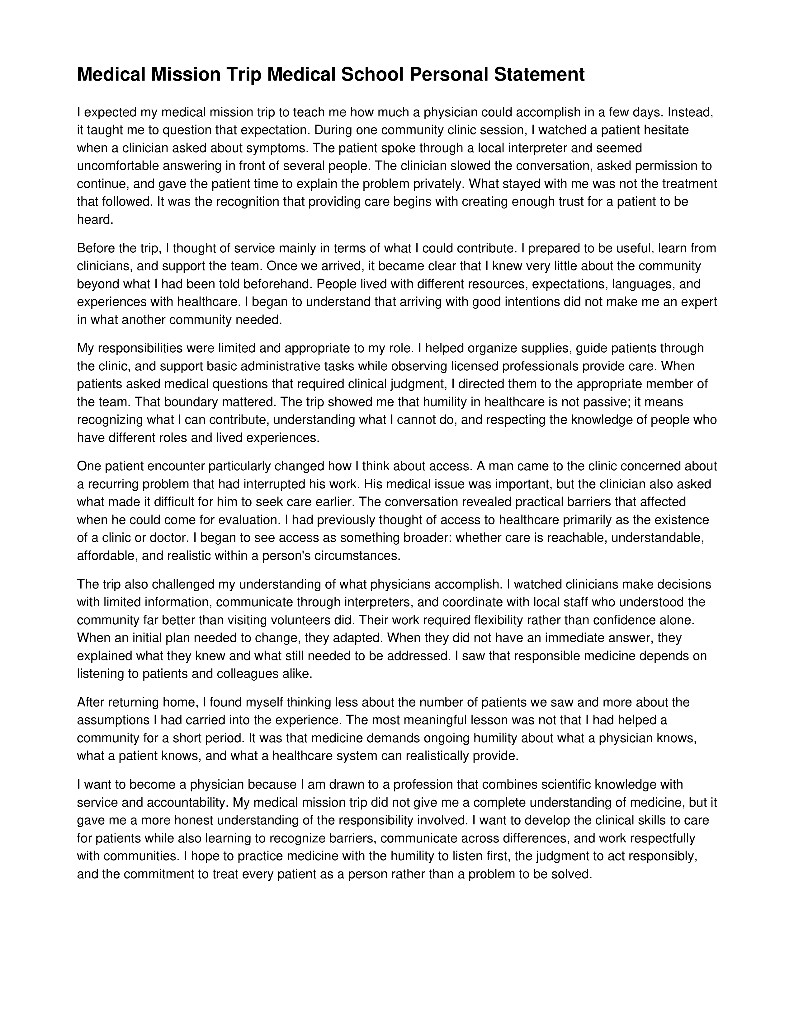 Medical Mission Trip Medical School Personal Statement — page 1