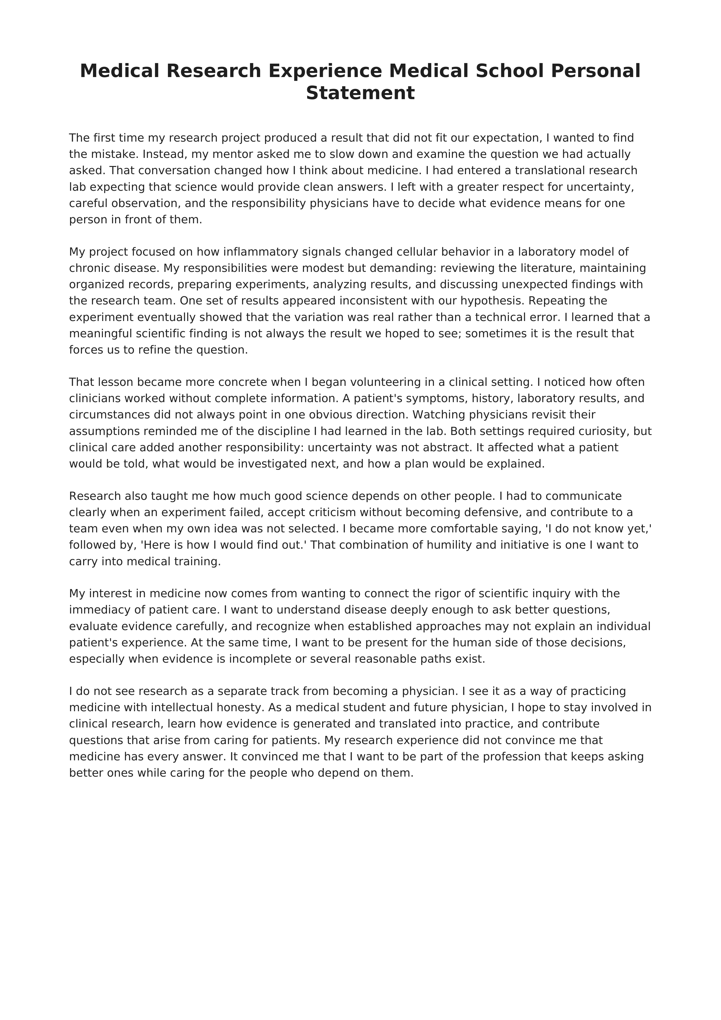 Medical Research Experience Medical School Personal Statement — page 1