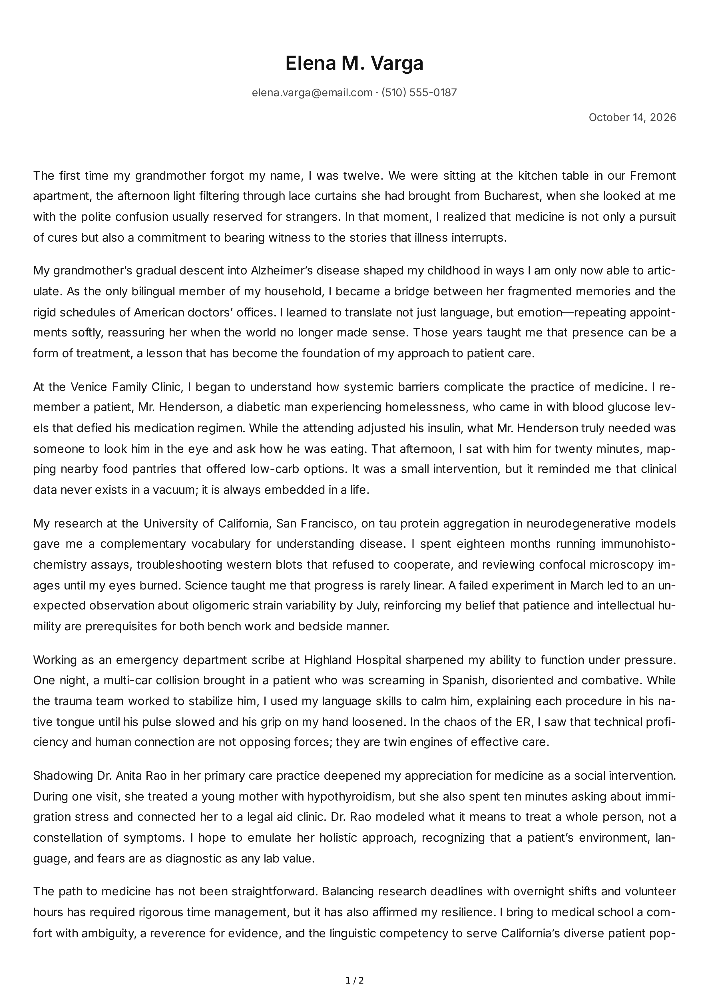 Medical School Personal Statement — page 1