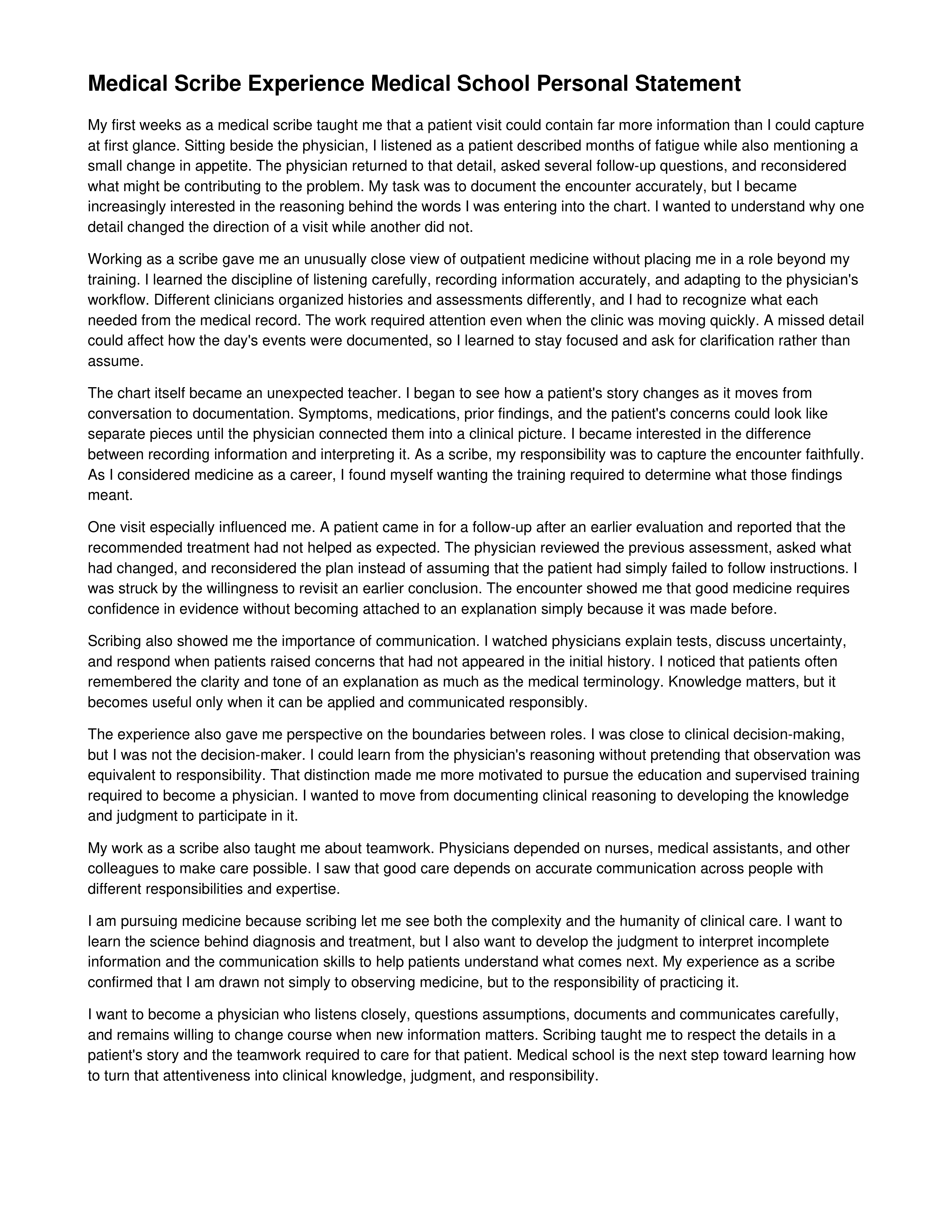 Medical Scribe Experience Medical School Personal Statement — page 1