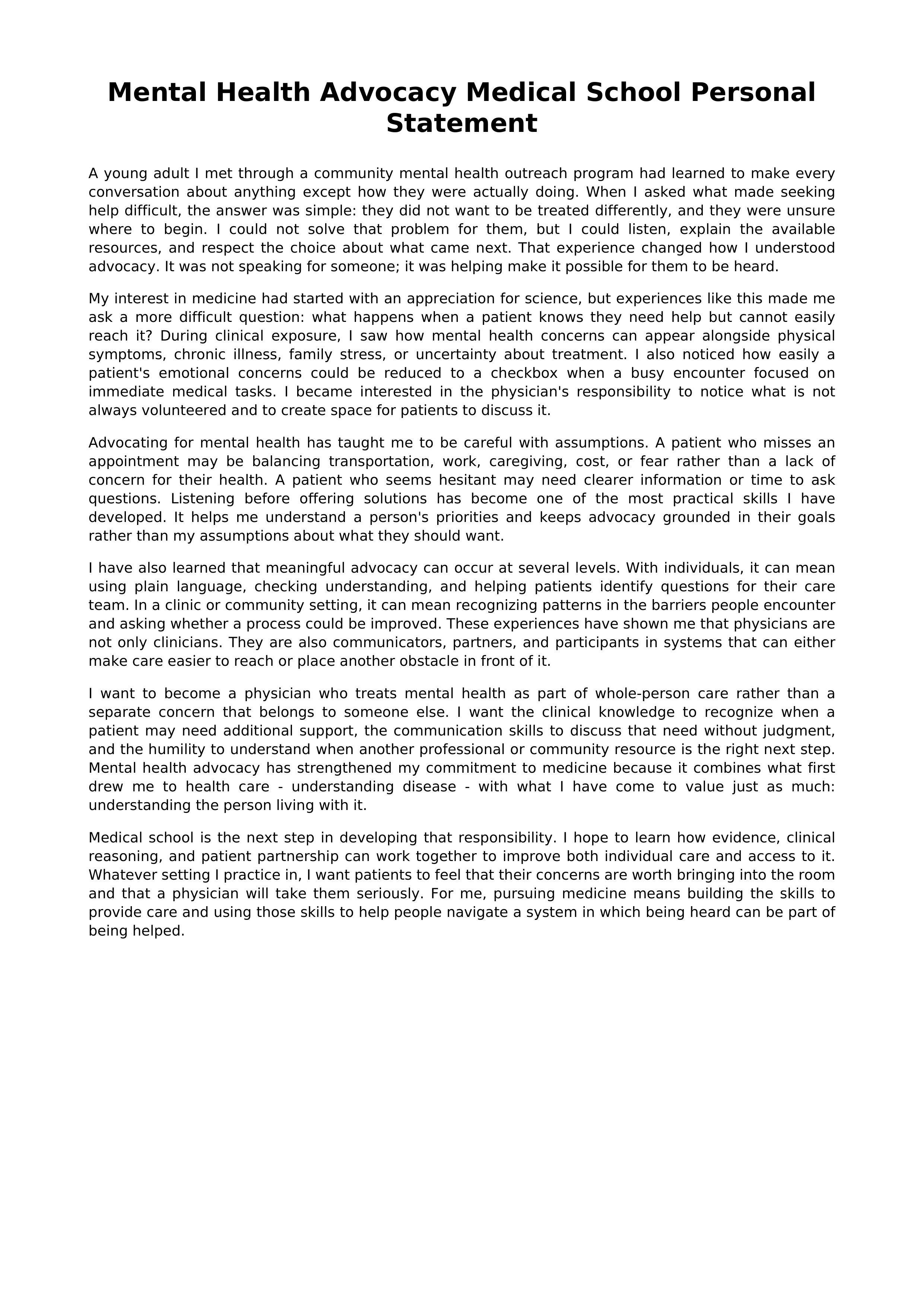 Mental Health Advocacy Medical School Personal Statement — page 1