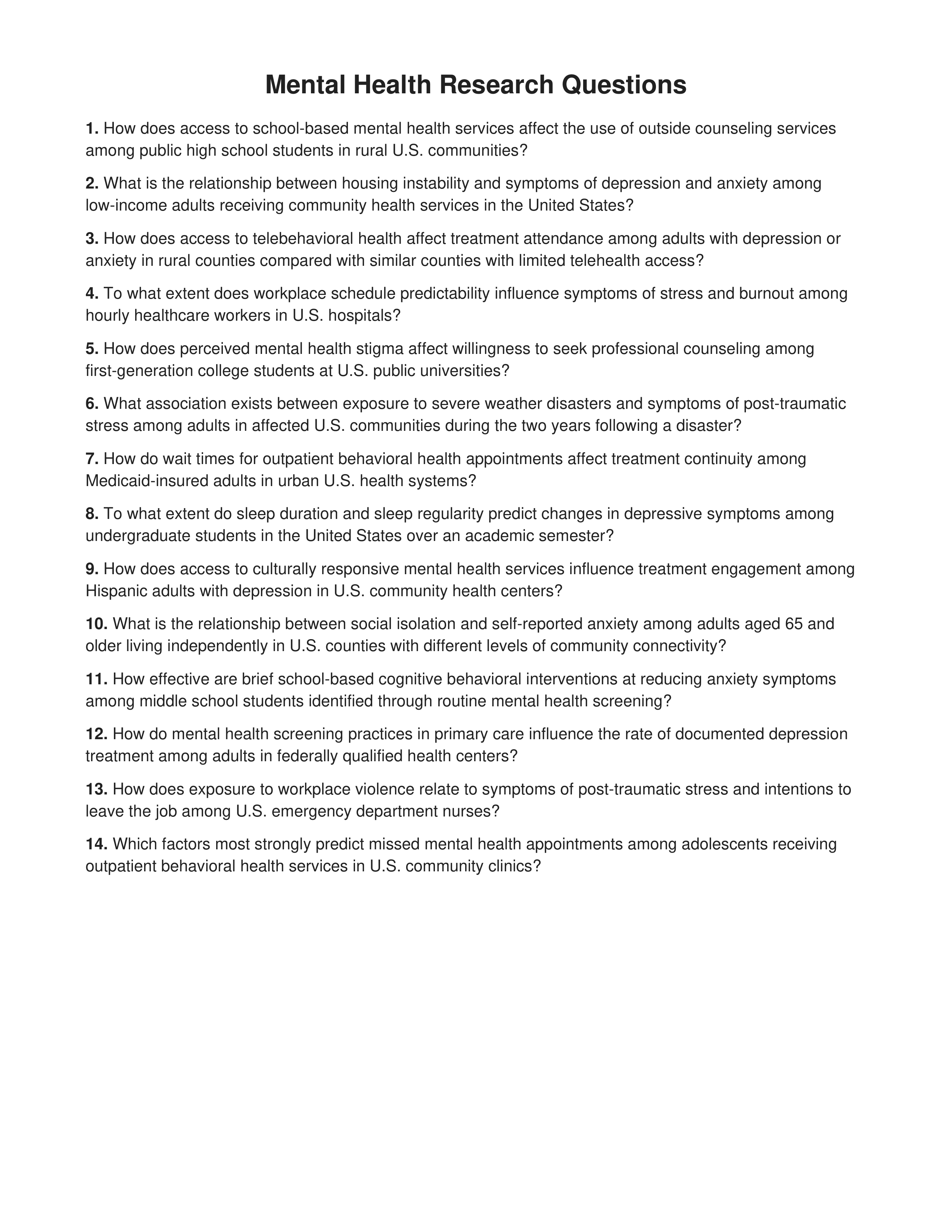 Mental Health Research Questions — page 1