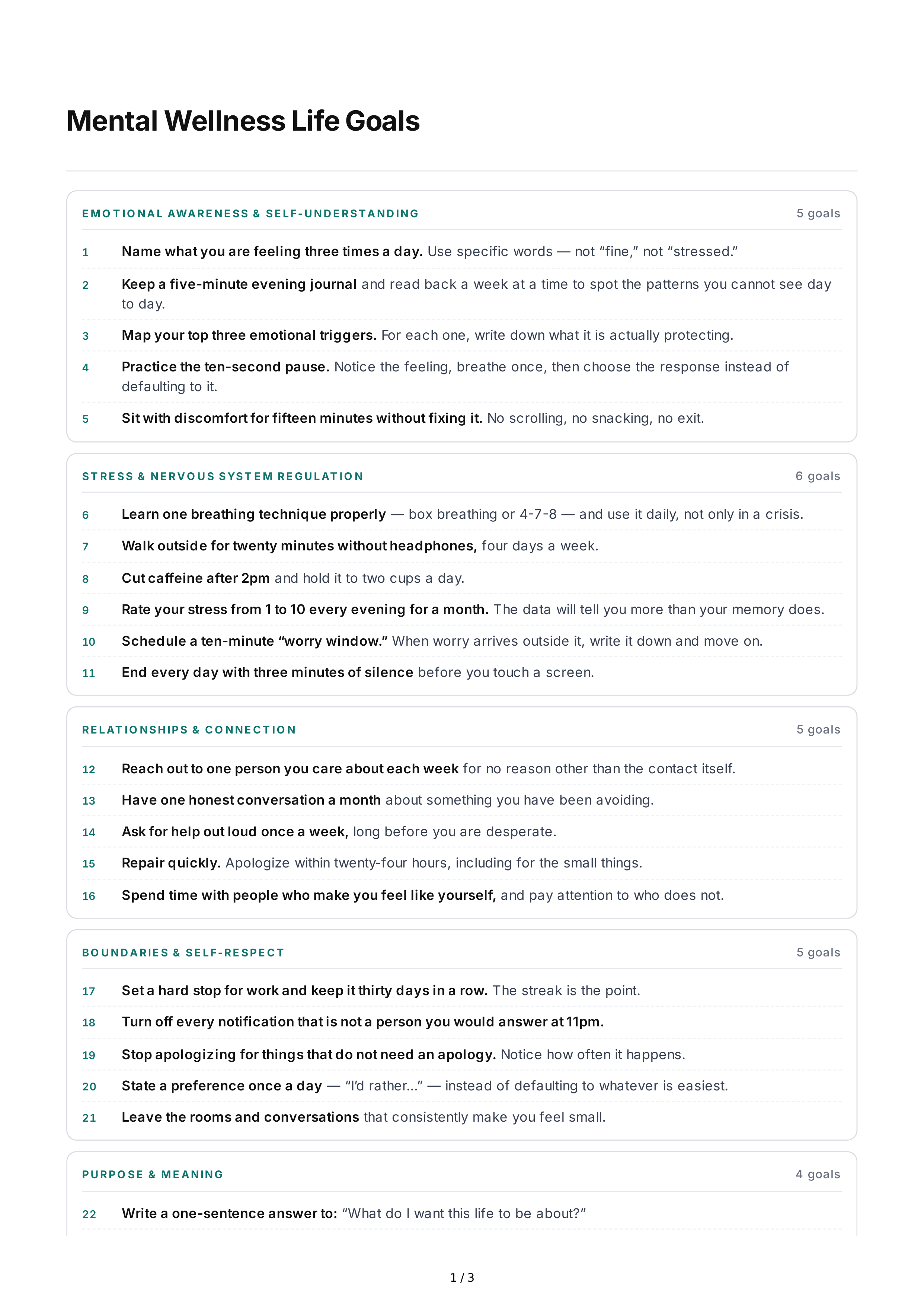 Mental Wellness Life Goals — page 1