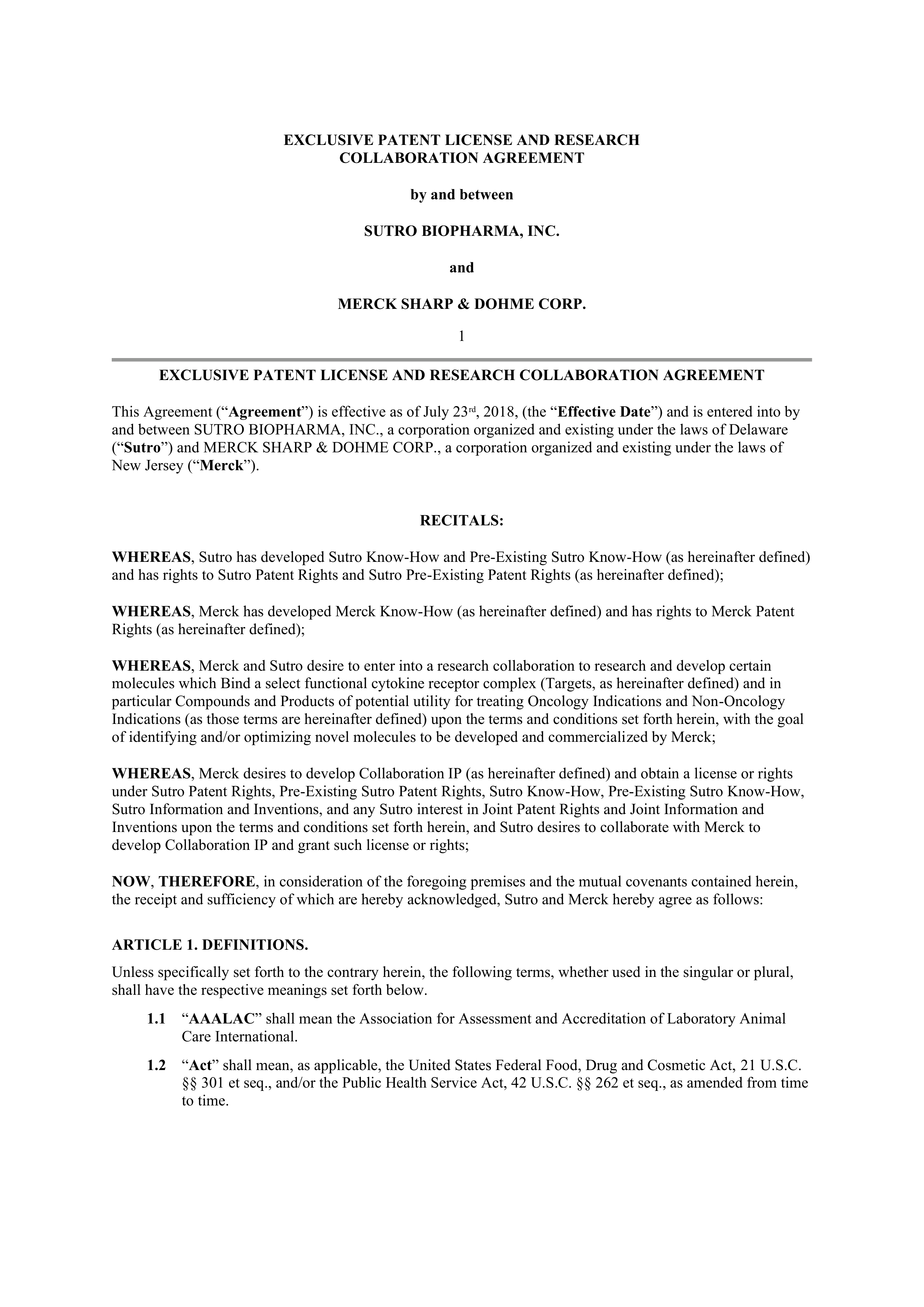 Merck Research Collaboration Agreement — page 1