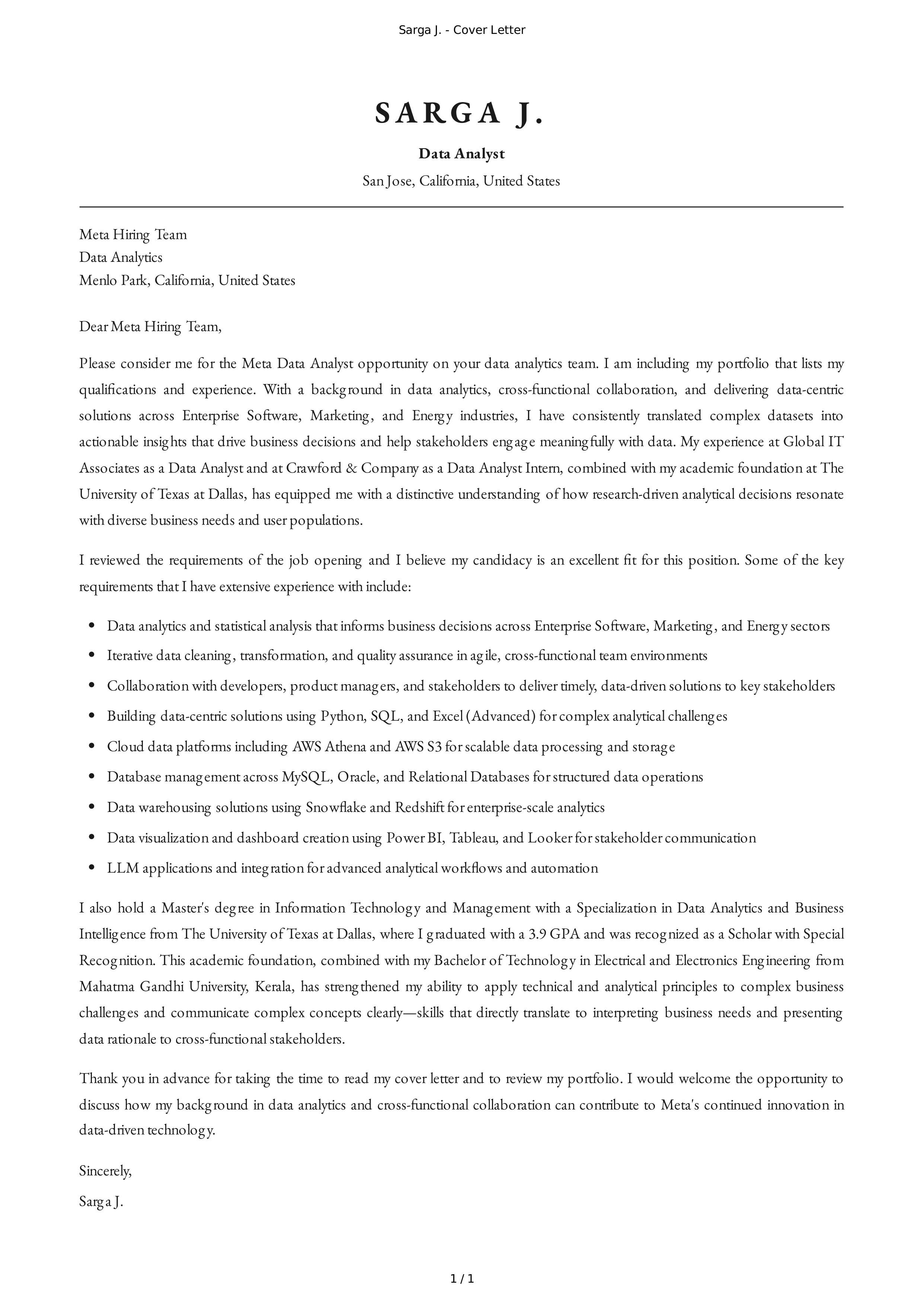 Meta Product Manager Cover Letter — page 1