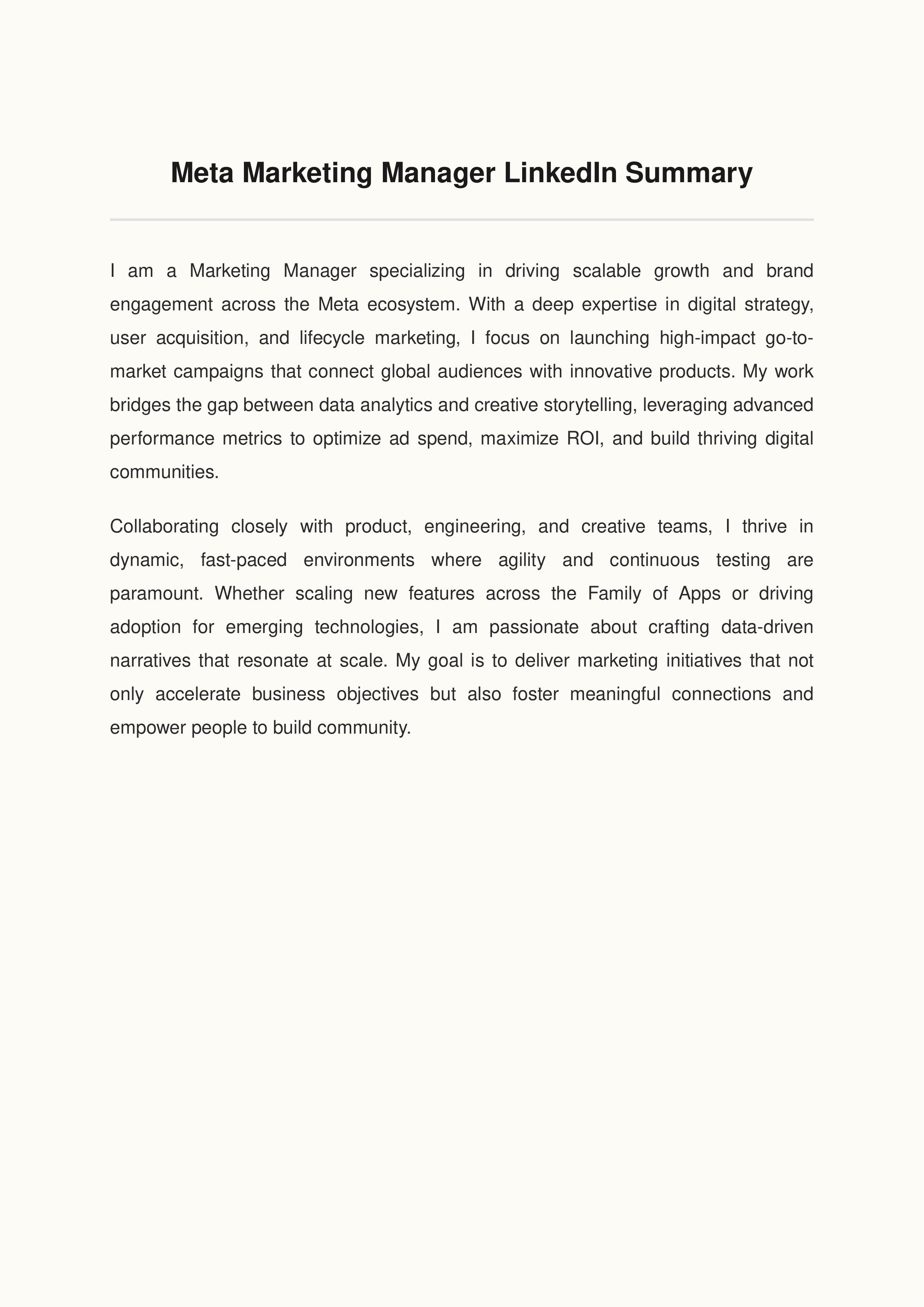 Meta Marketing Manager LinkedIn Summary — page 1
