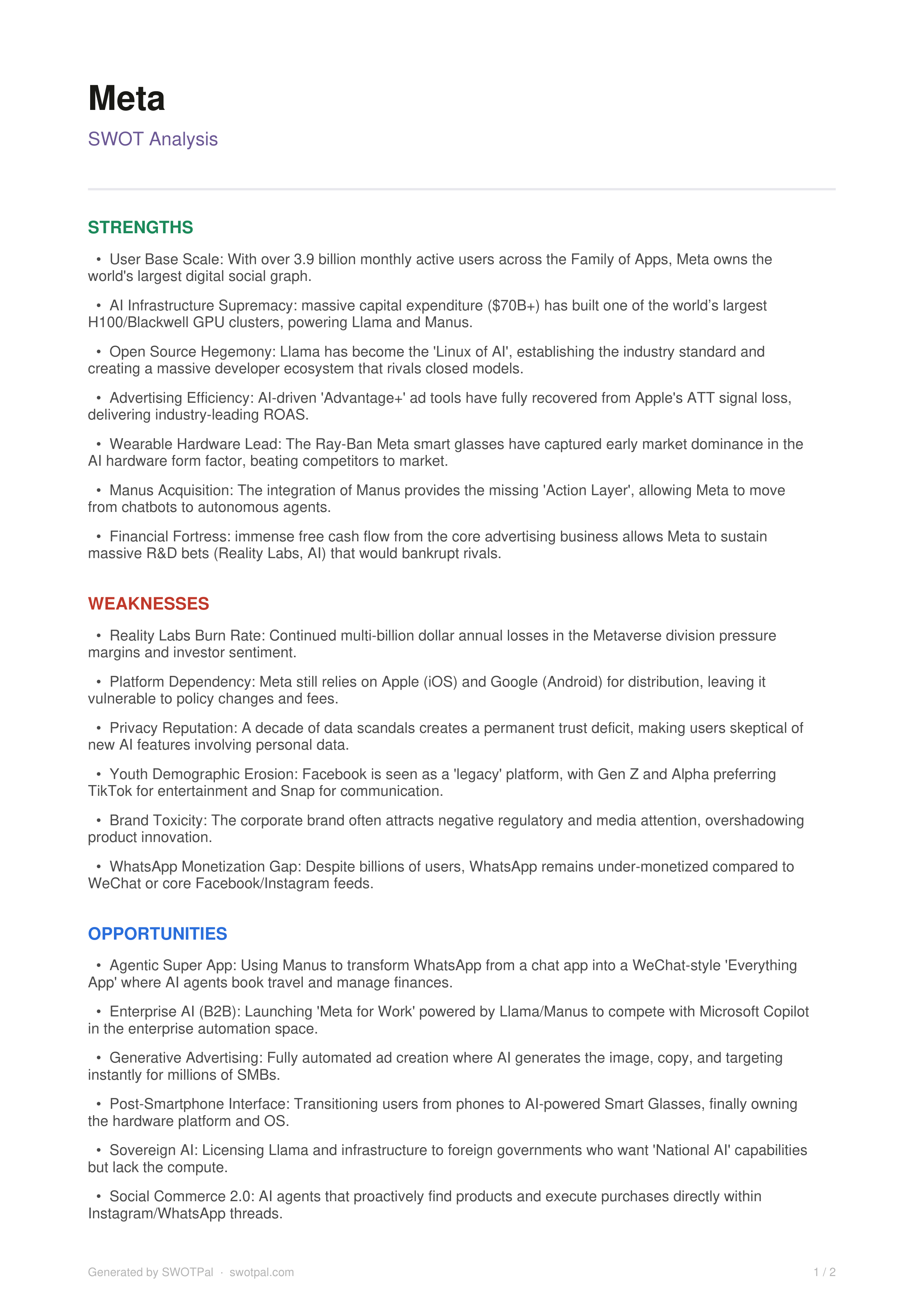 Meta Platforms Swot Analysis  — page 1