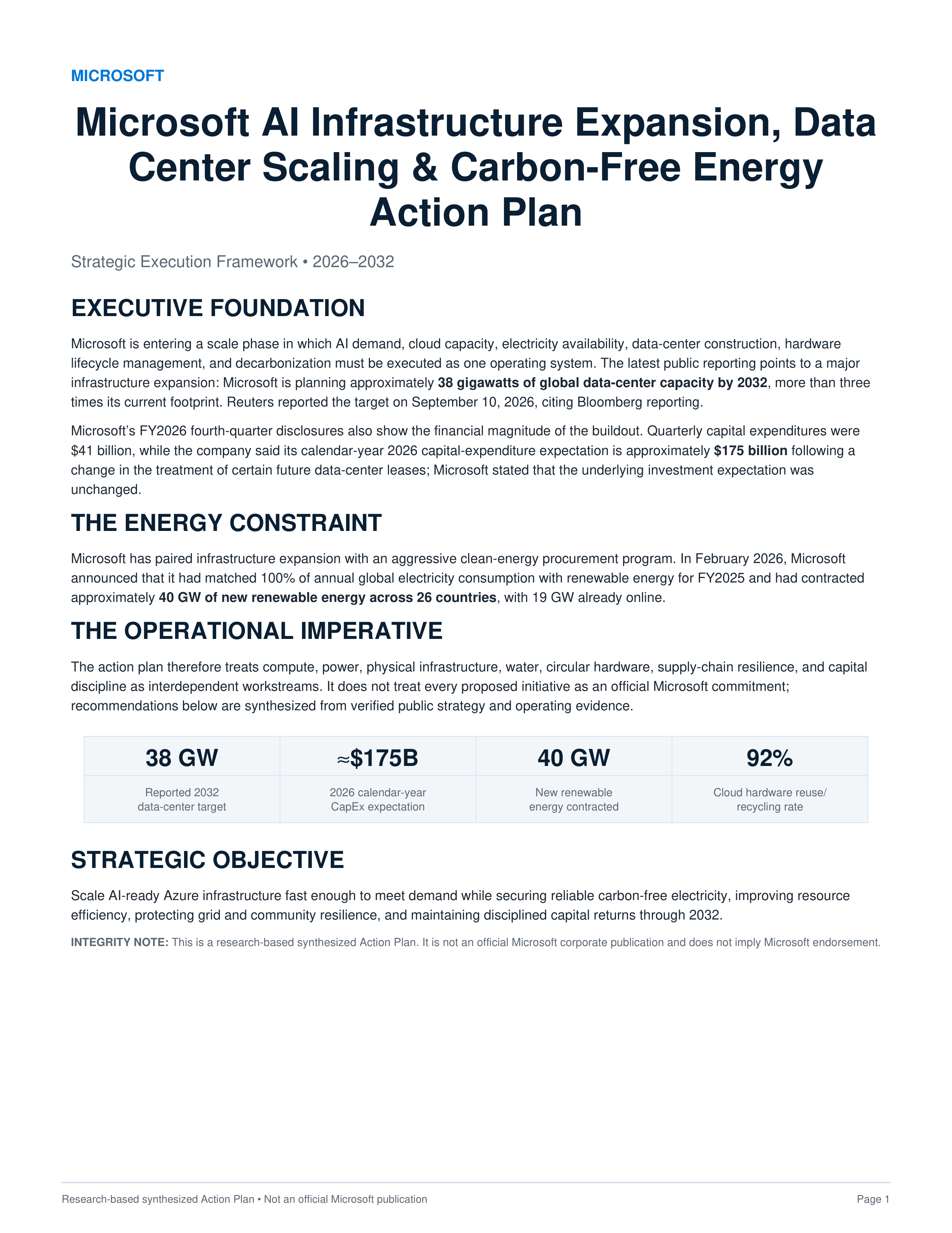 Microsoft AI Infrastructure Expansion, Data Center Scaling & Carbon-Free Energy Action Plan — page 1
