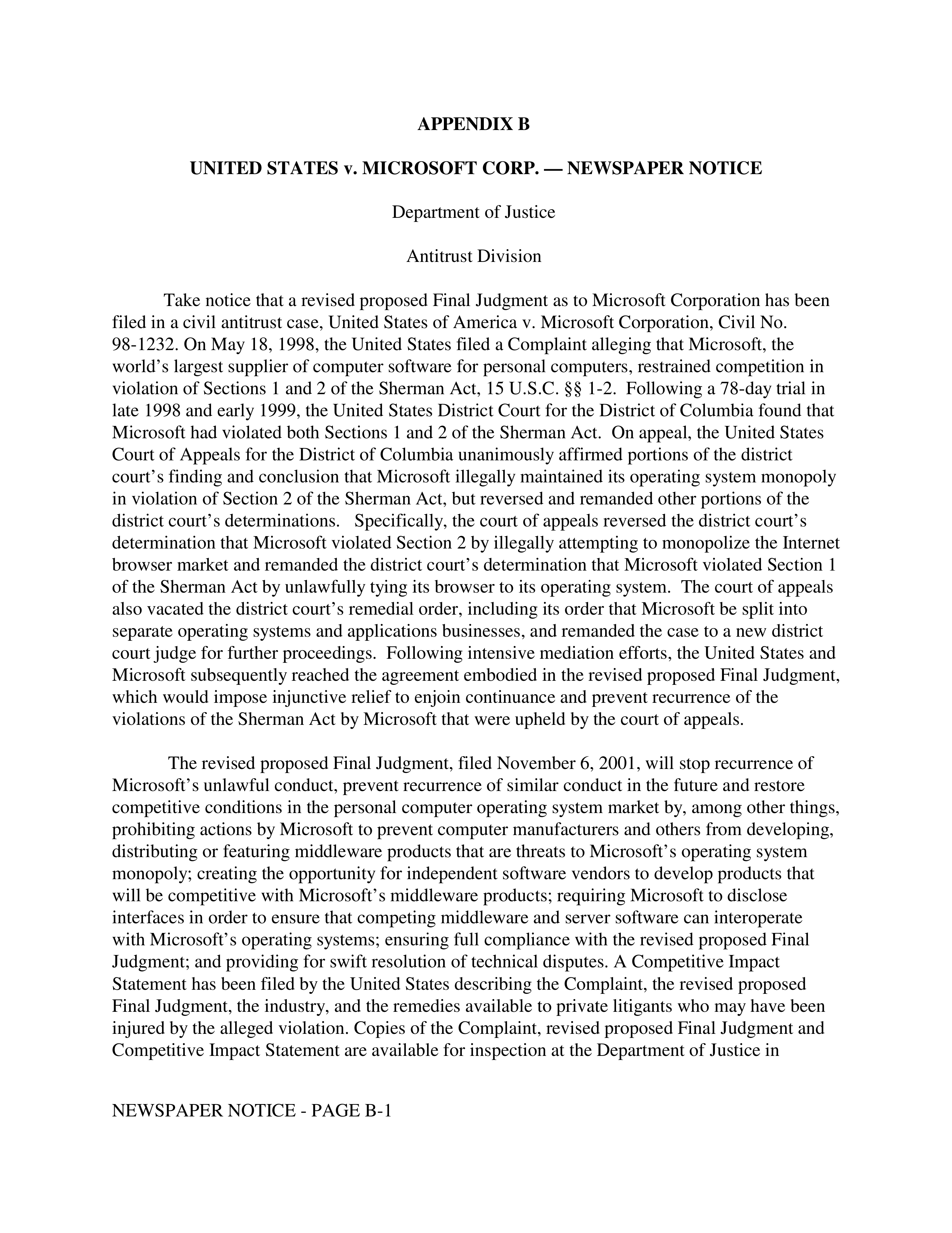Microsoft Antitrust Newspaper Notice — page 1