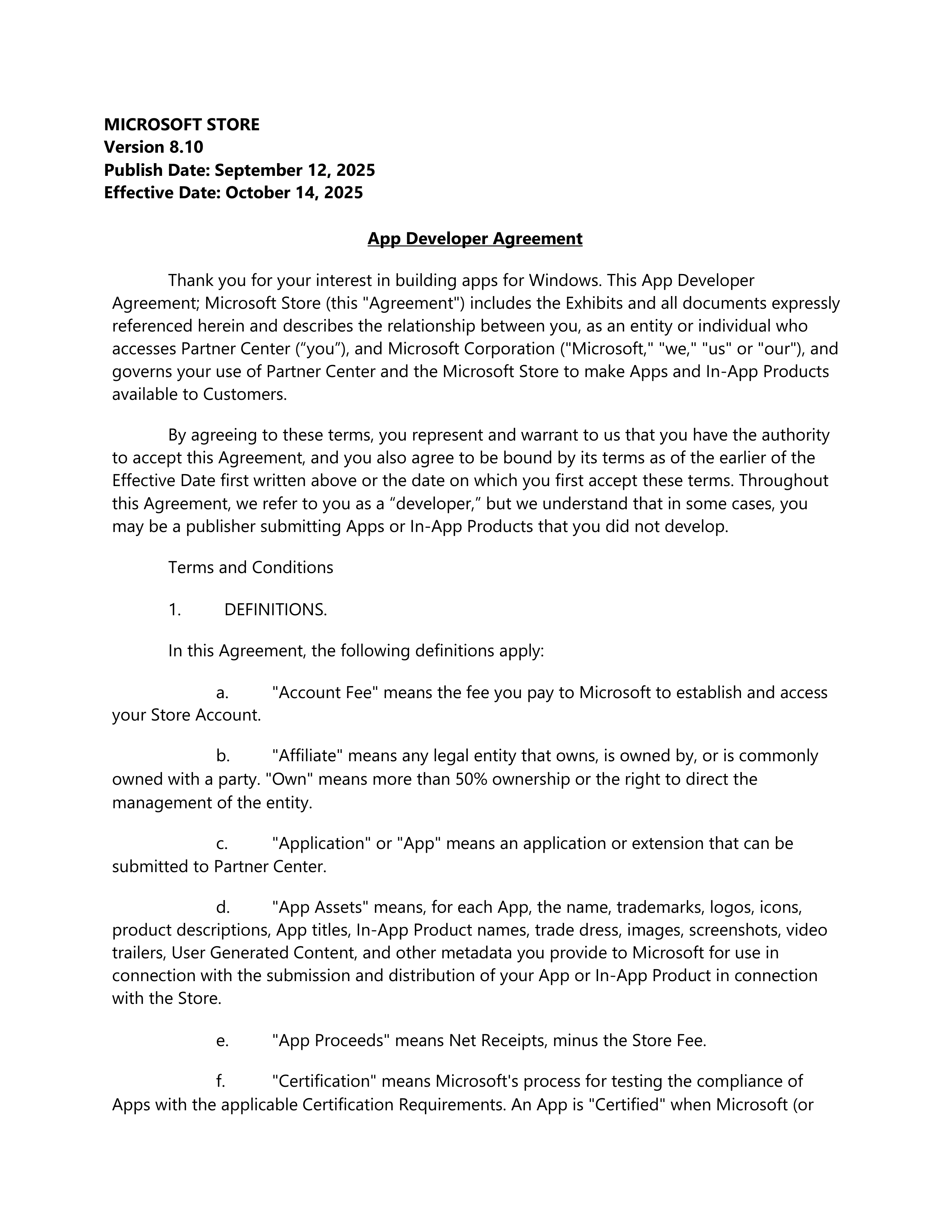 Microsoft App Developer Agreement — page 1